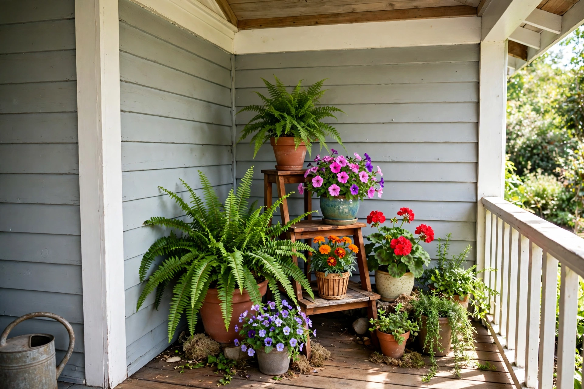 Front porch decorating ideas with a clustered garden corner of potted ferns and flowers at varying heights.