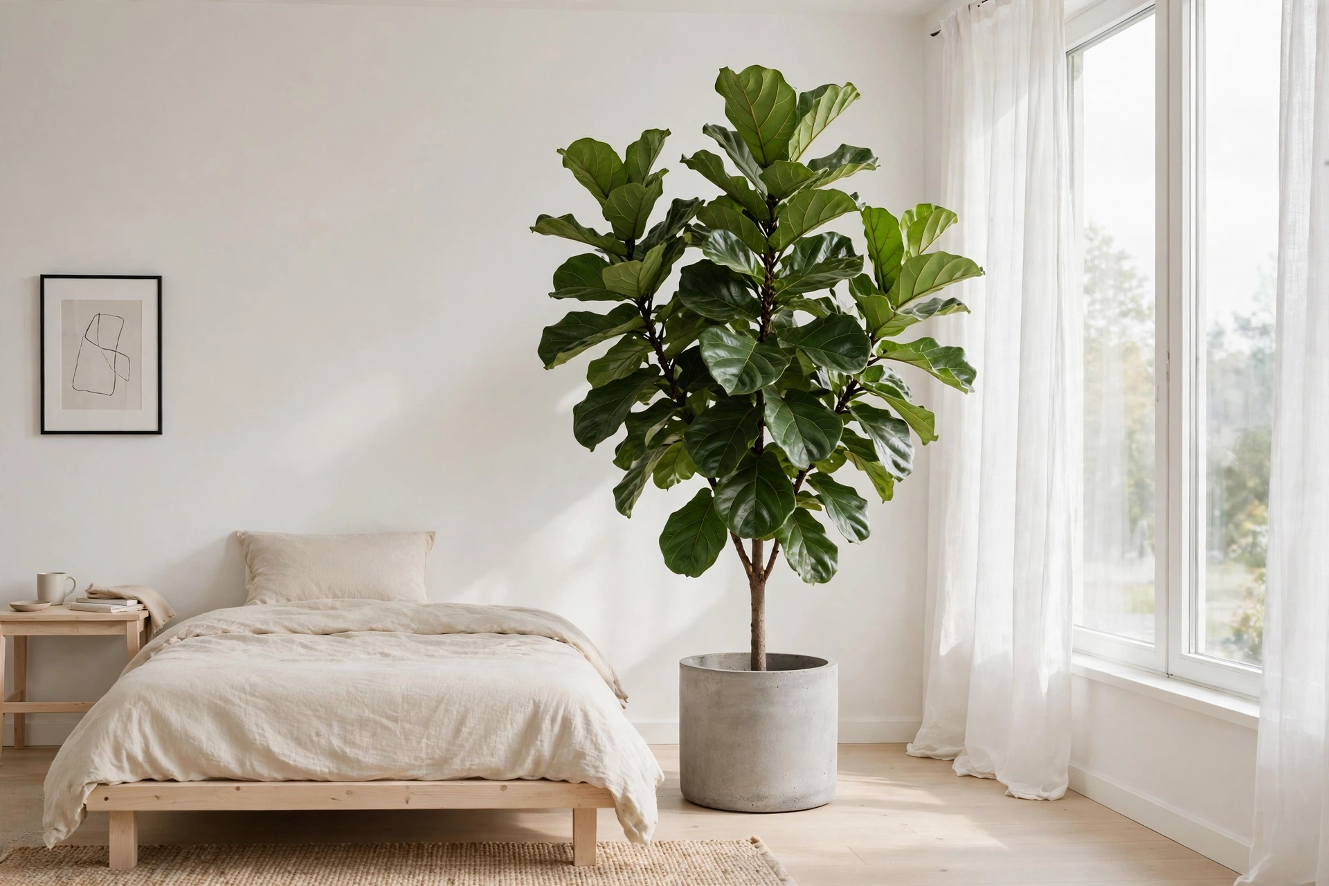 Large fiddle-leaf fig in a concrete planter in a bright minimalist bedroom