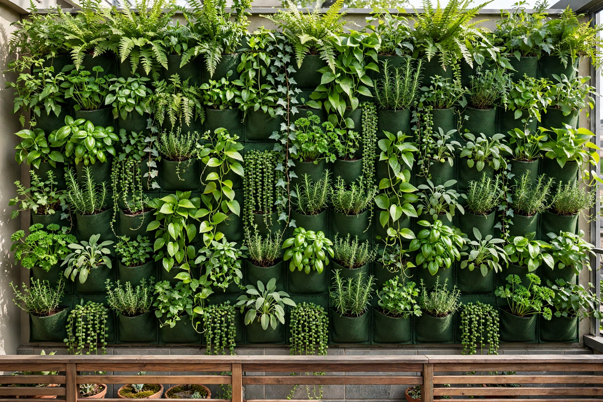 Balcony decor ideas featuring a vertical plant wall of herbs and trailing plants on the balcony back wall.