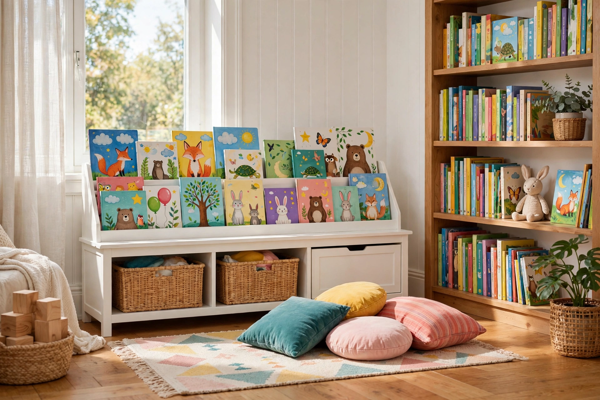Home library design ideas featuring a kids' reading corner with a low bookshelf and colorful floor cushions.