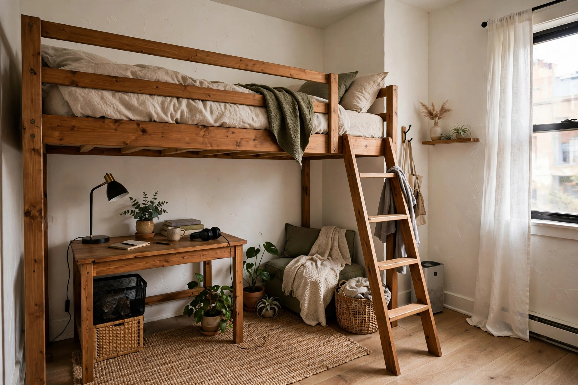 Loft bed creating extra floor space in a small apartment bedroom