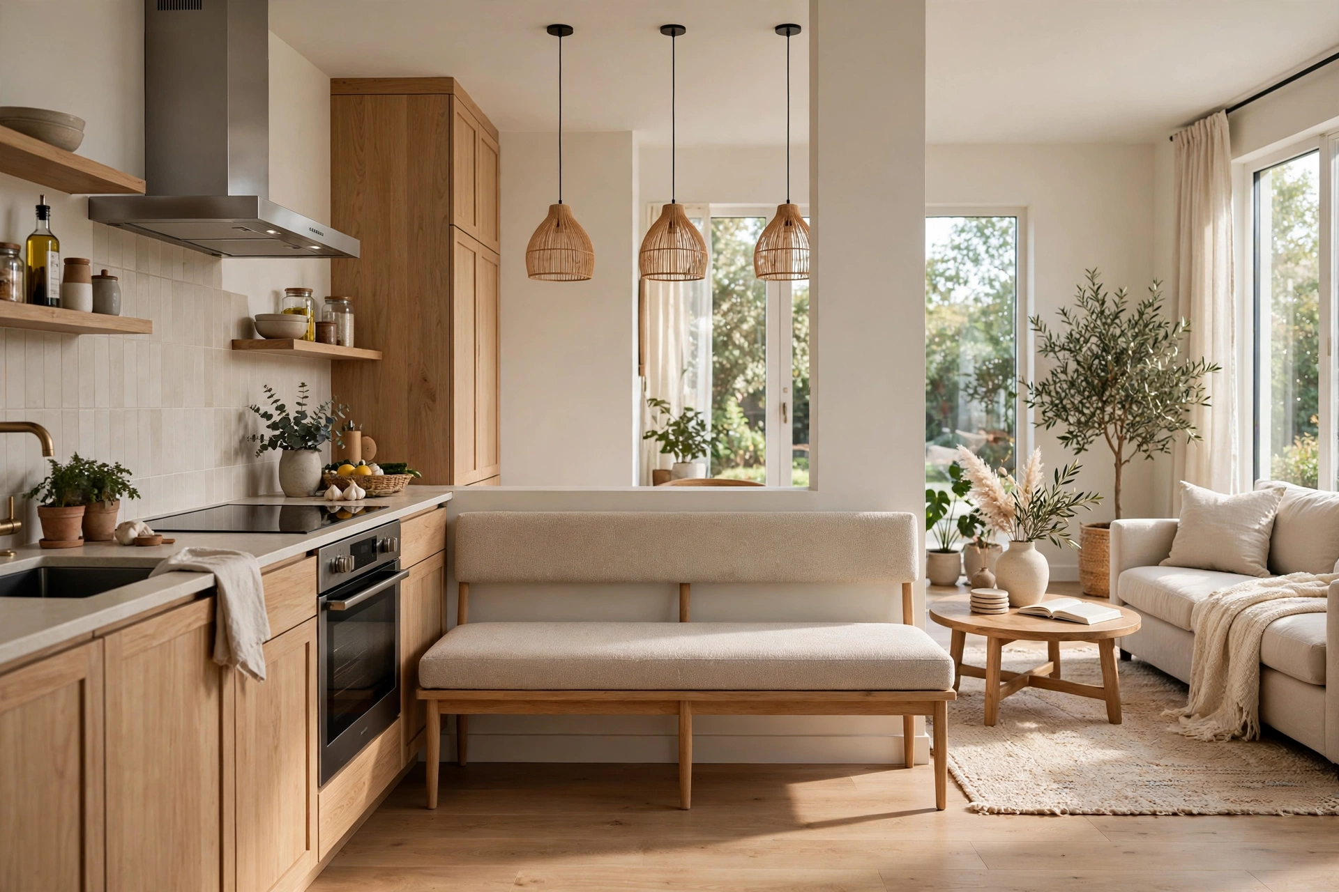 Backless banquette bench dividing open plan kitchen and living