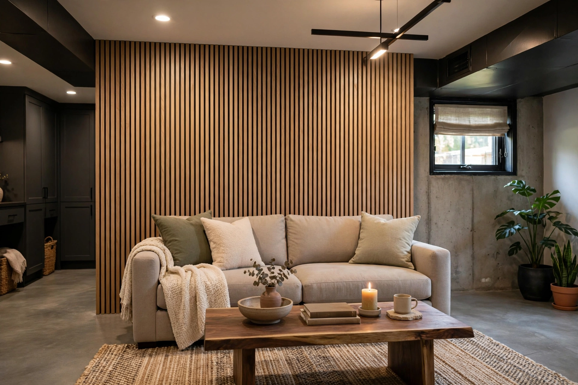 Wood slat accent wall behind a sofa adding texture to a basement living room