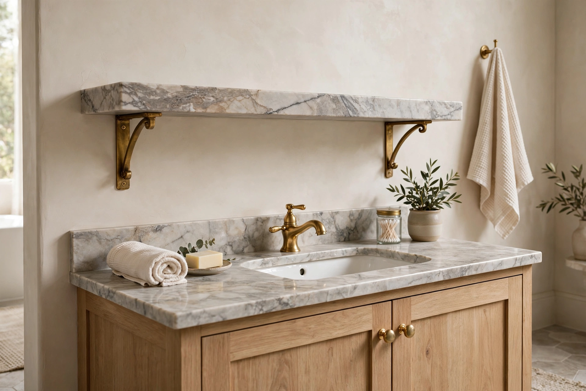 Thick marble bathroom shelf with brass brackets above vanity