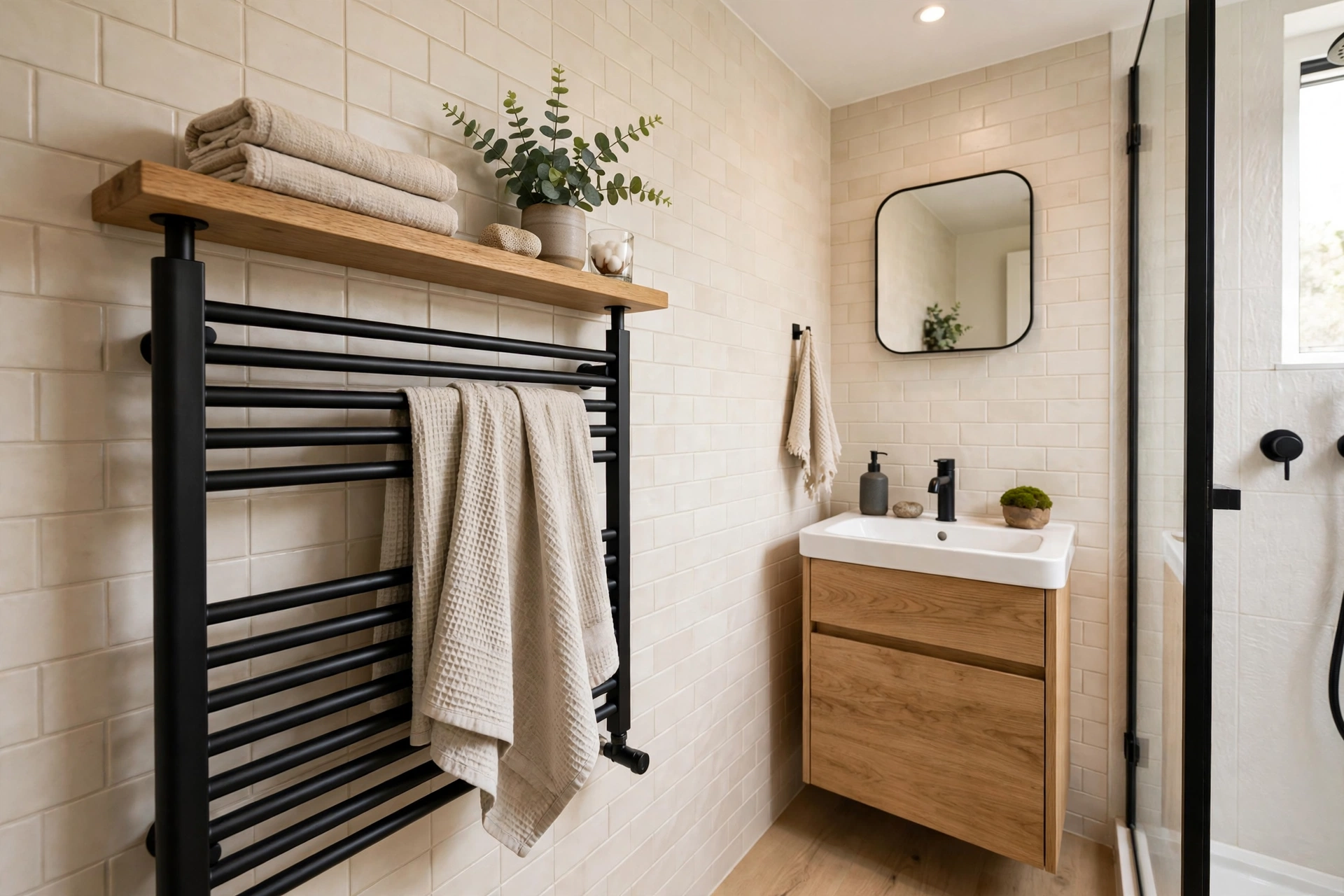 Wall mounted heated towel rail with shelf in modern small bathroom