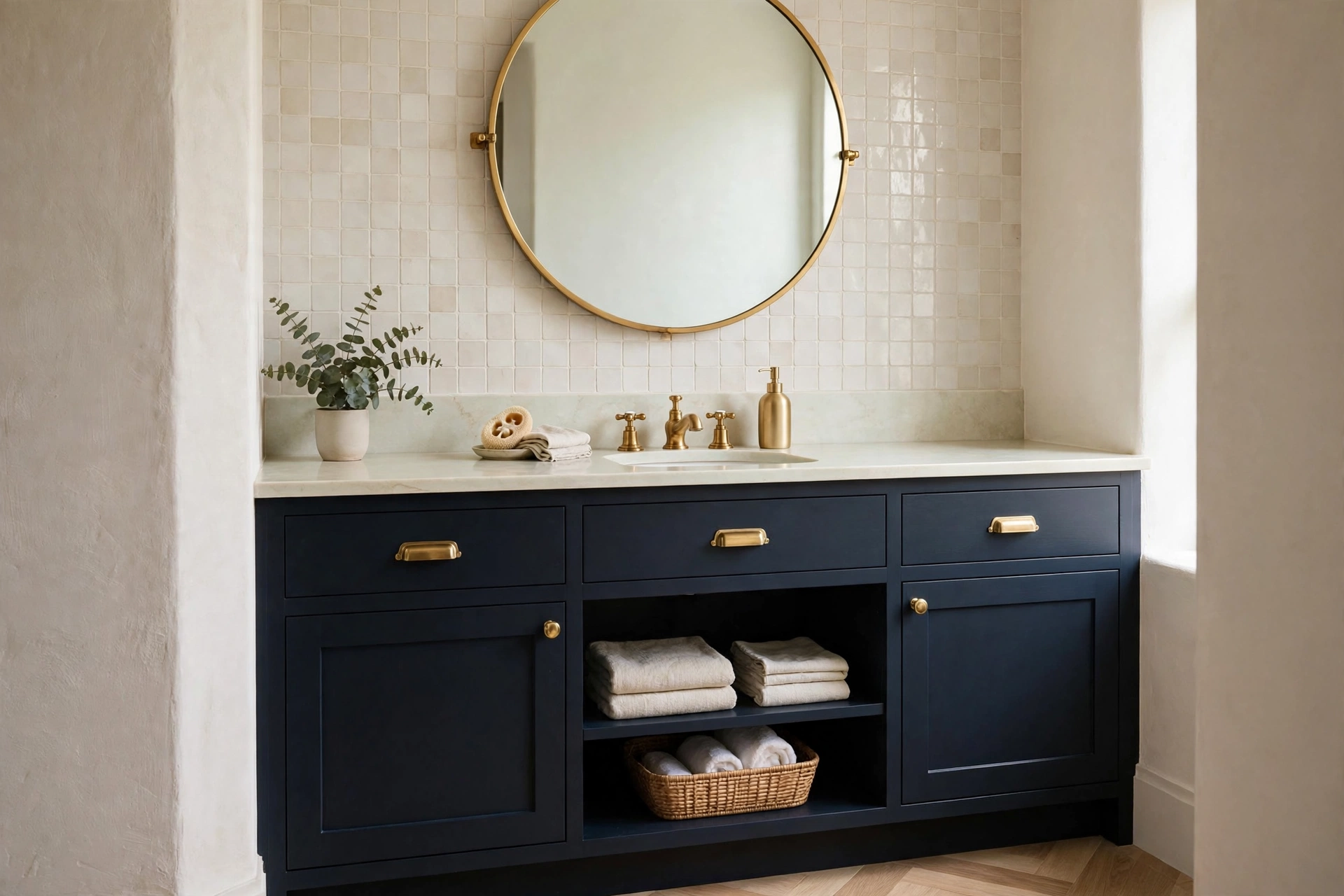 Dark navy bathroom vanity with brass fixtures and pale countertop