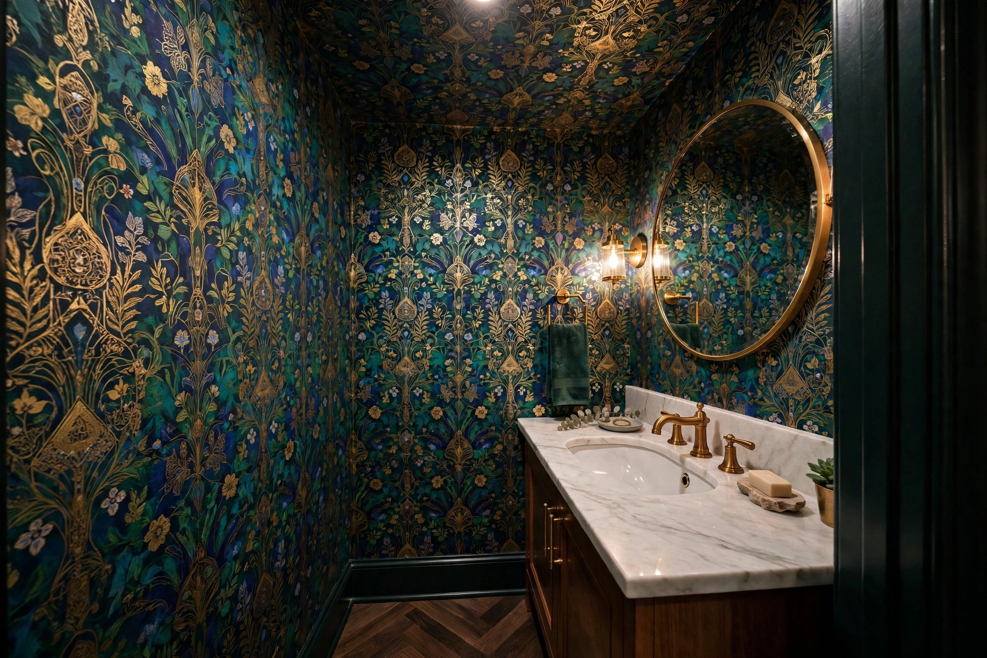 Powder room with matching wallpaper on walls and ceiling like jewel box