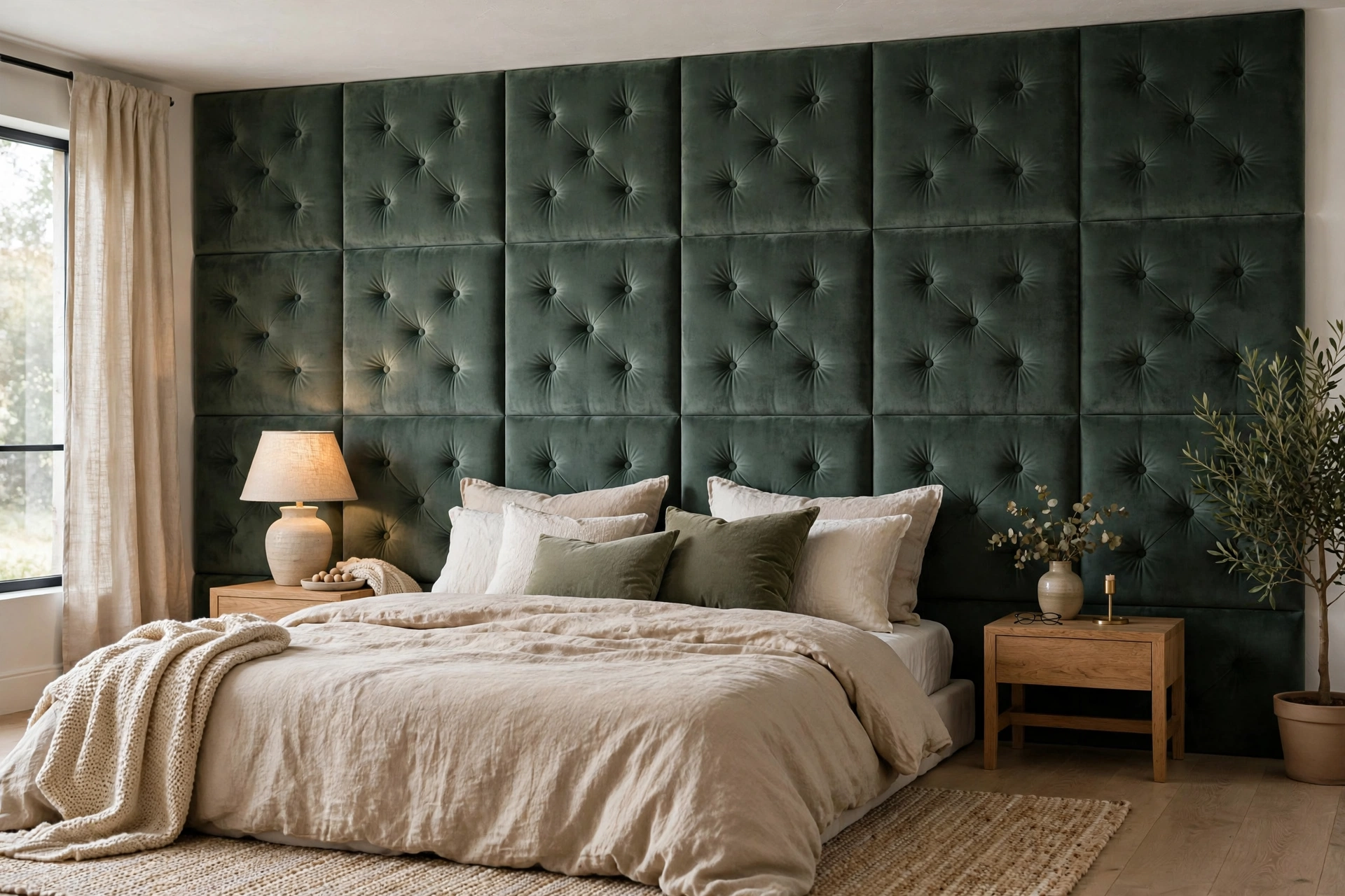 Upholstered velvet wall panels creating a soft sound-absorbing bedroom accent wall