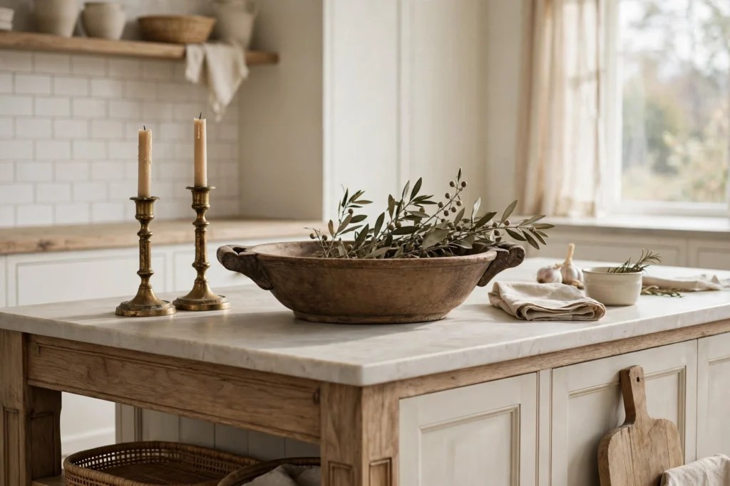 Vintage dough bowl and antique brass candlesticks styled on a farmhouse kitchen island