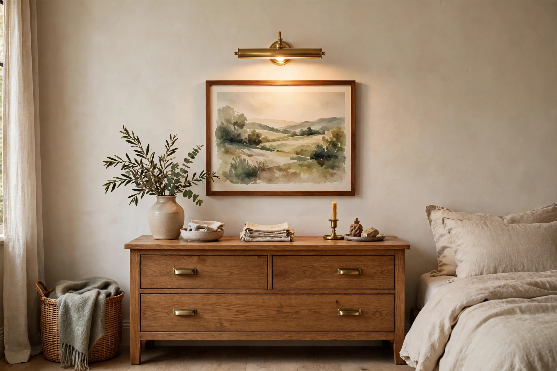 Floating shelves with art and plants above dining buffet