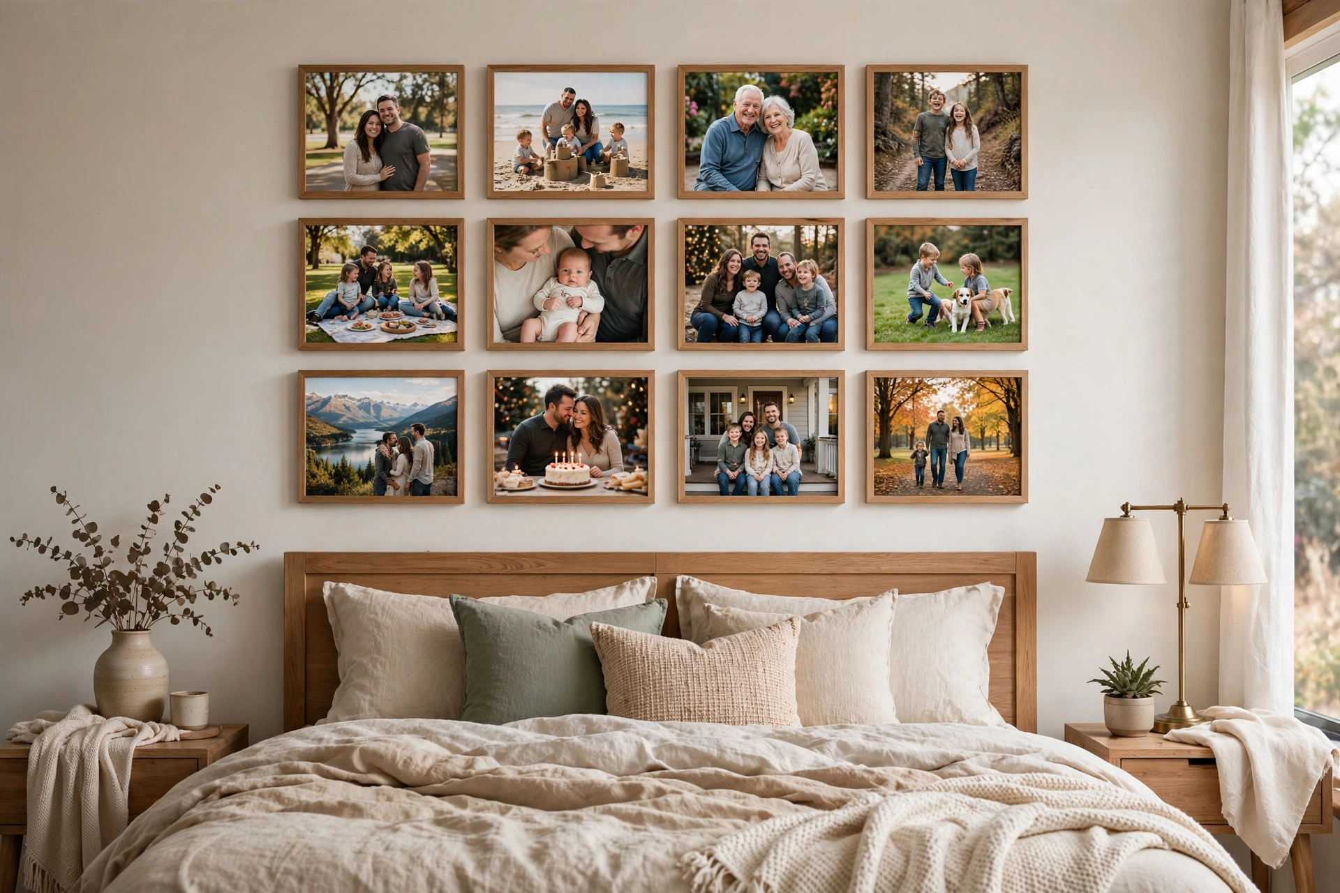 Neat grid of framed family photos creating a personal gallery above the bed