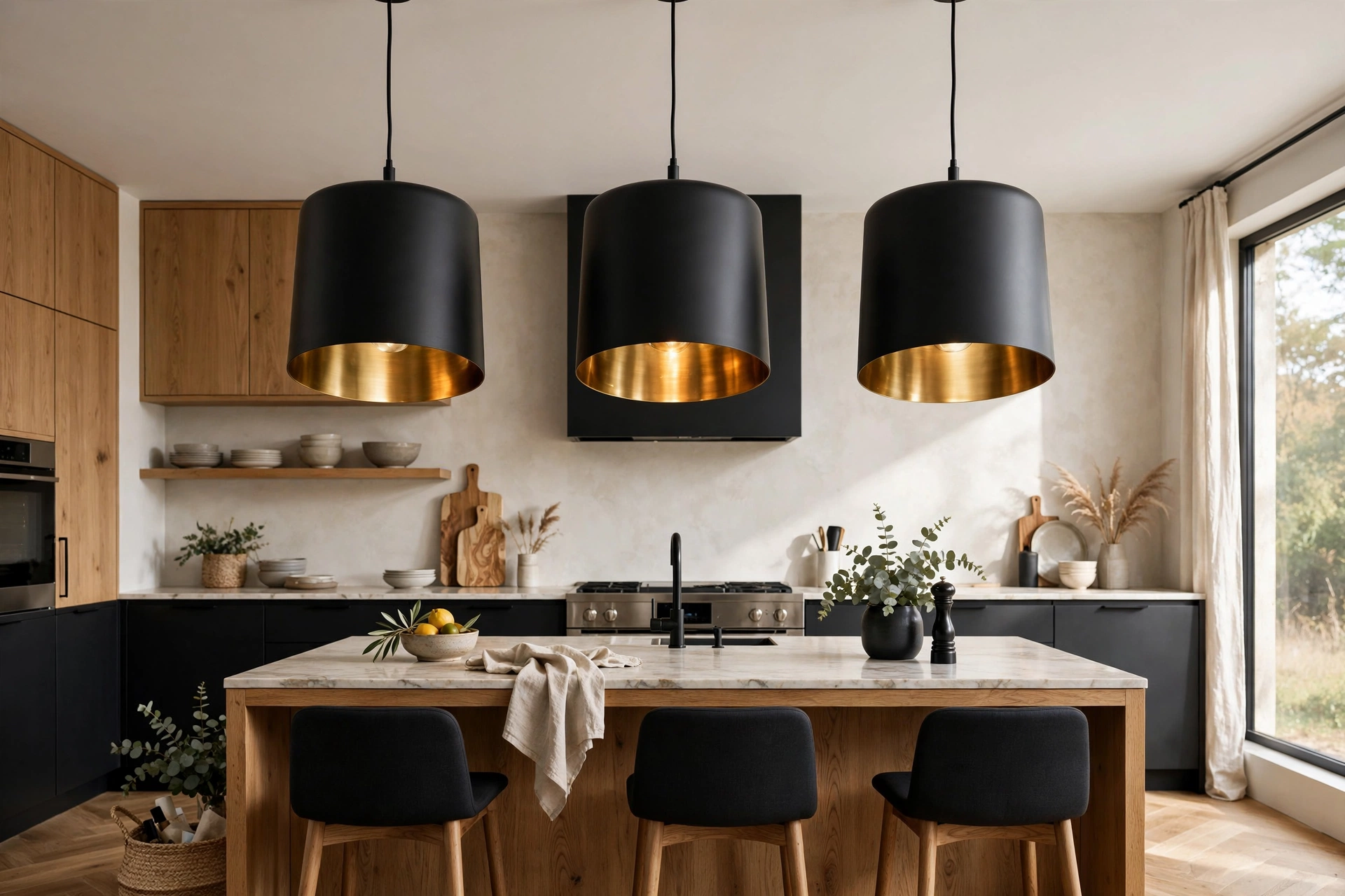 Black pendant lighting fixtures over kitchen island with brass interiors