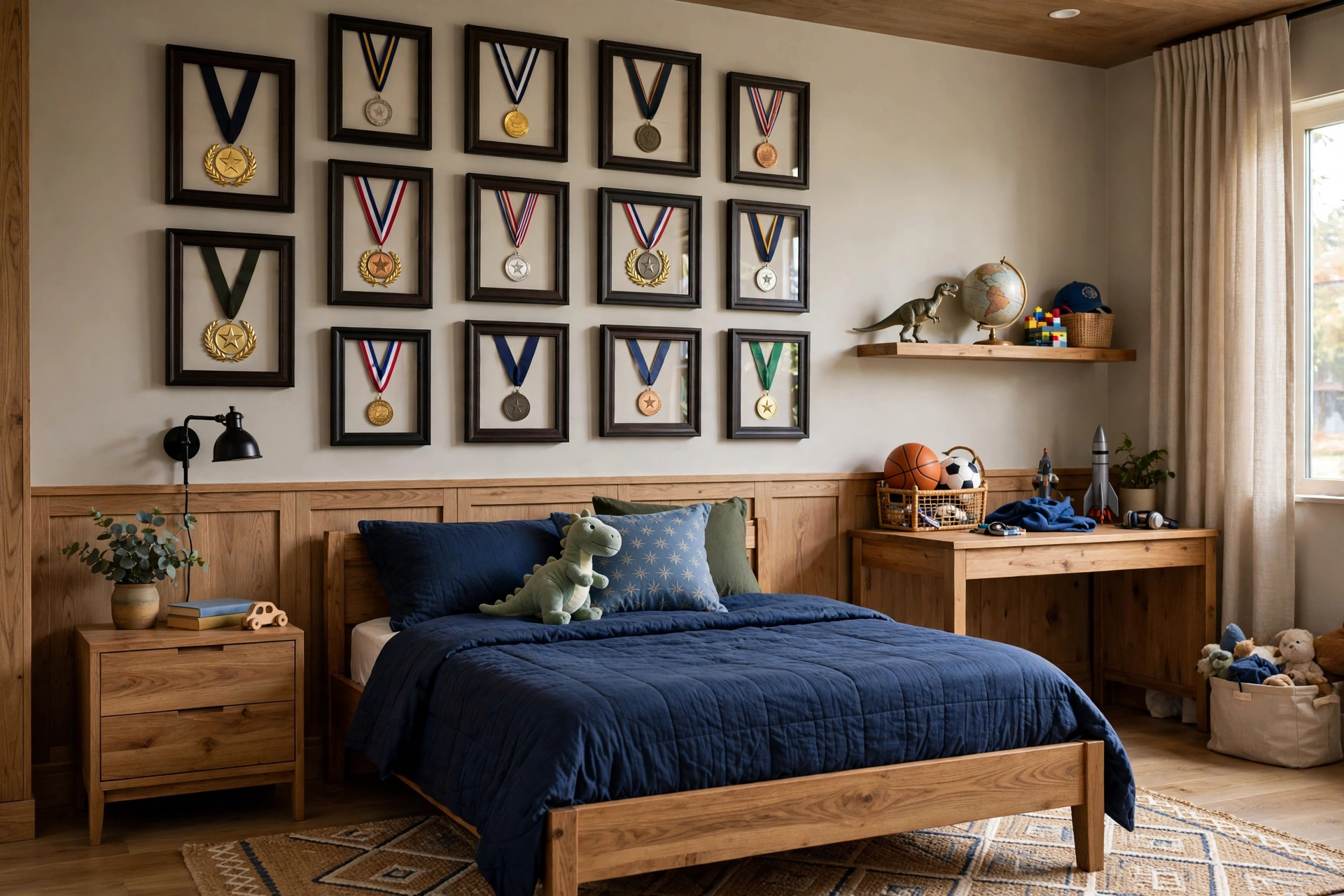 Boys bedroom achievement gallery wall with framed medals art