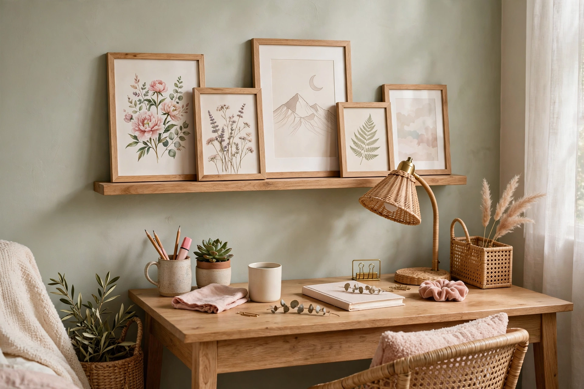 Picture ledge with framed prints above desk in girls bedroom