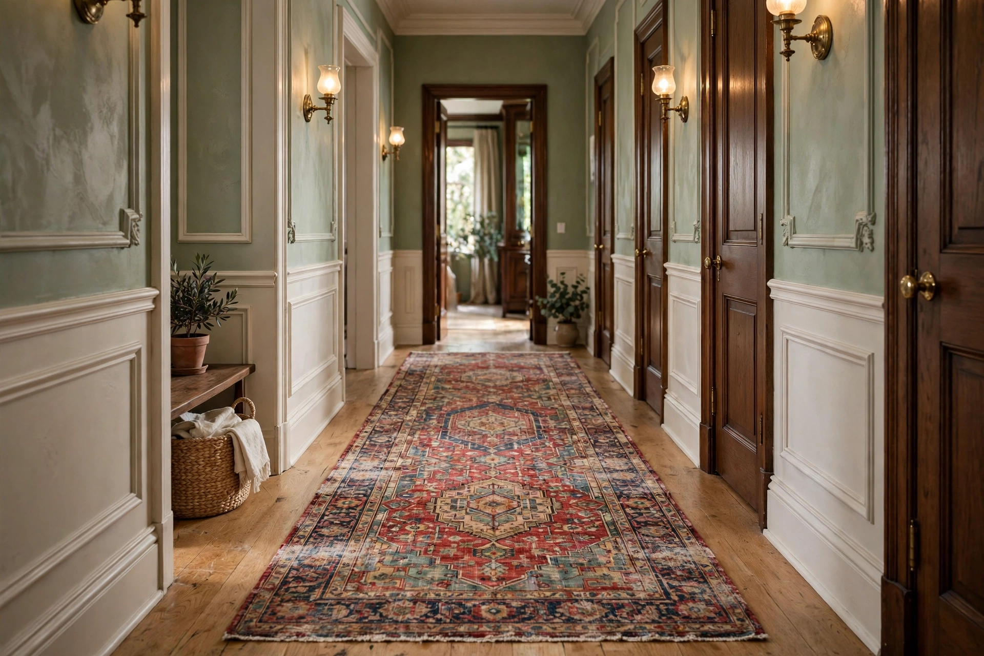 Vintage distressed Persian runner rug bringing character to a hallway