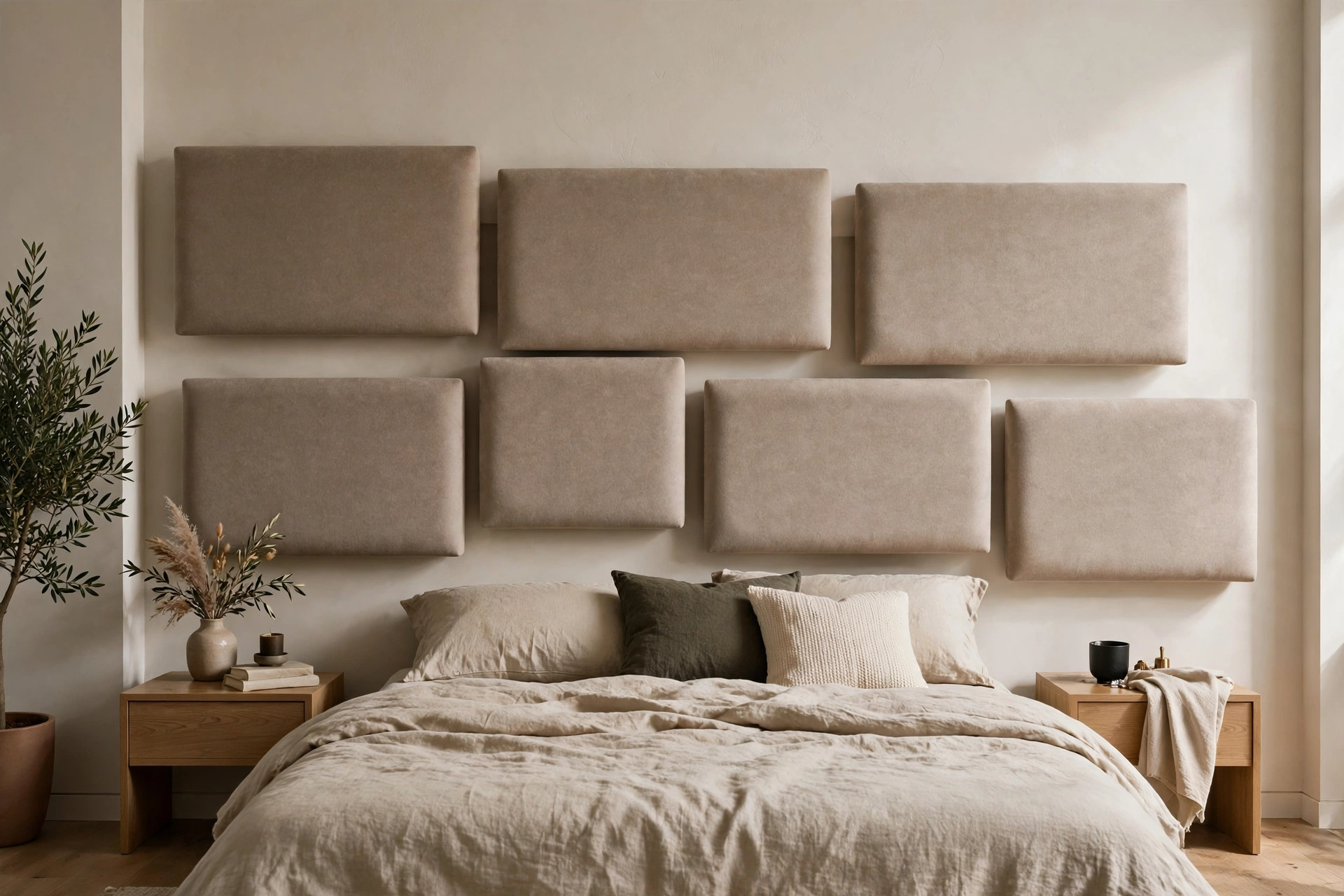 Wall-mounted floating upholstered panels arranged as a modern headboard