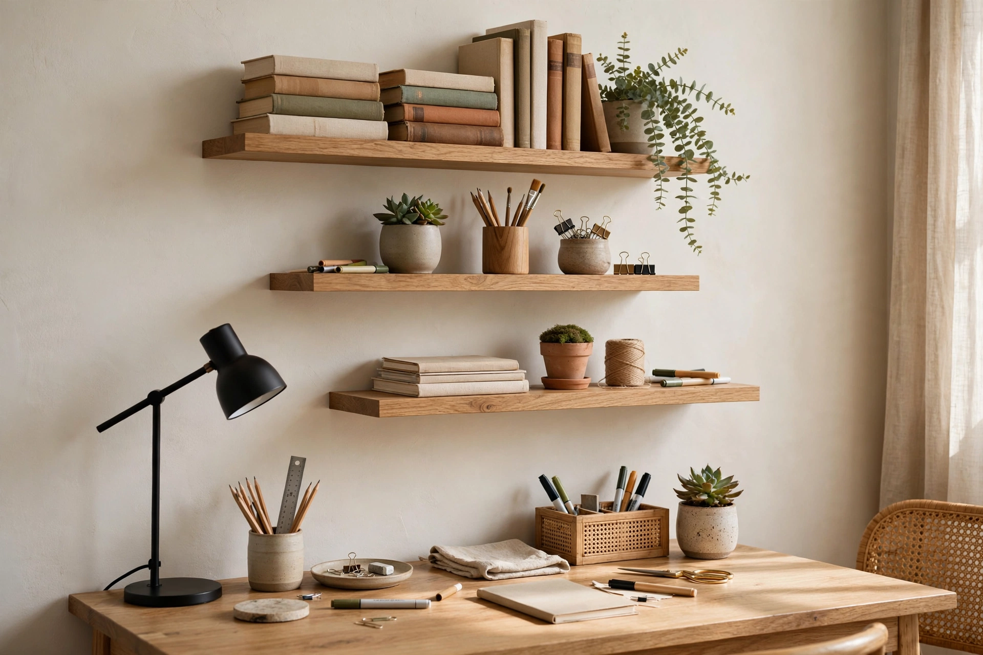 Floating wall shelves above desk holding books supplies and plant