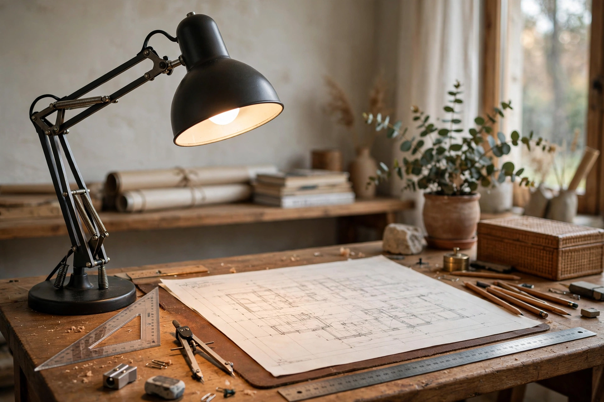 Classic architect lamp with spring arm focused on drafting desk