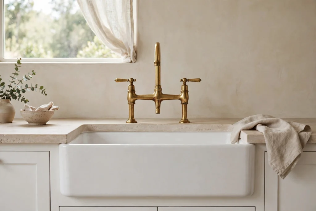 Unlacquered brass bridge faucet with lever handles over a white farmhouse sink