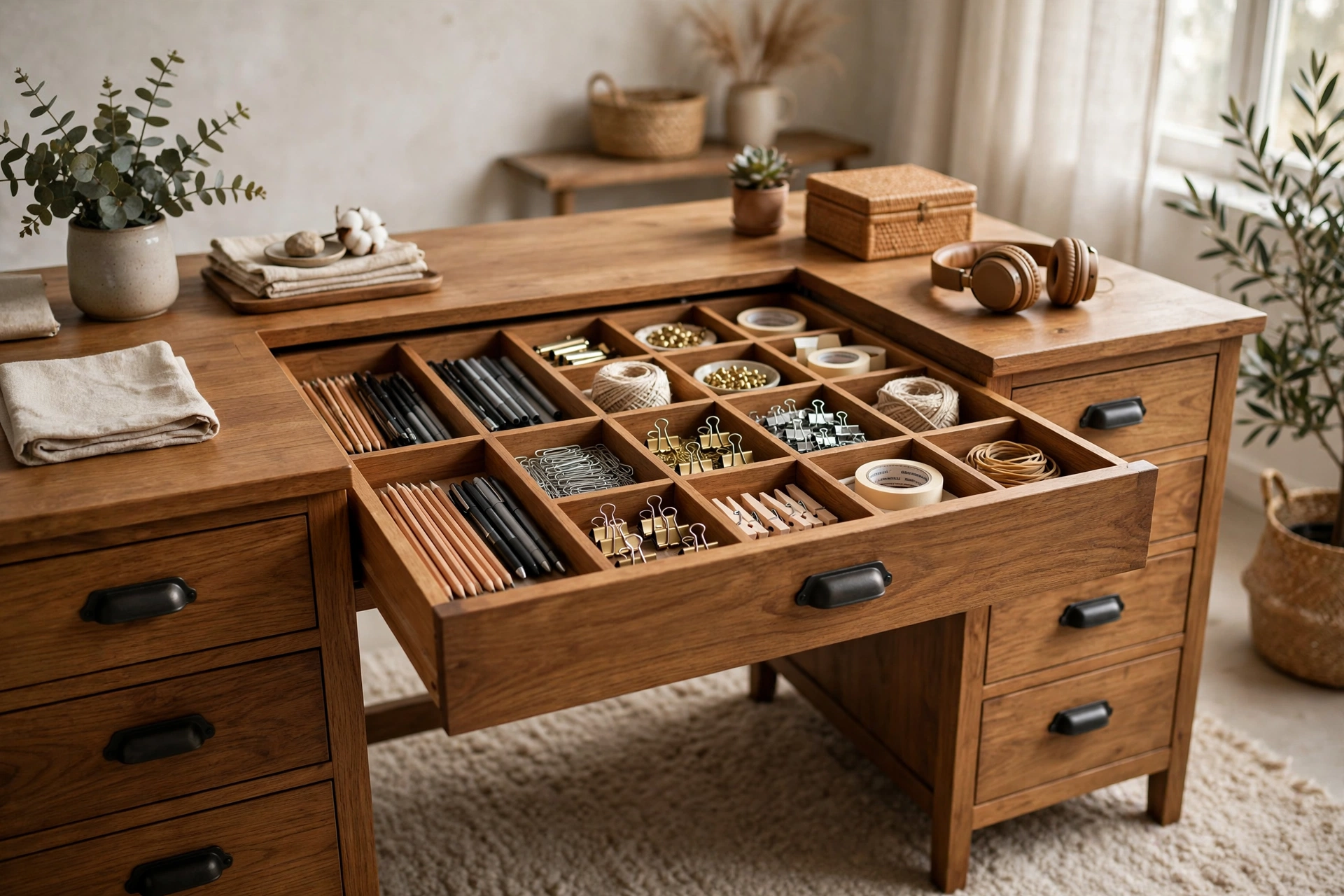 Wooden desk with deep drawers and organized storage compartments