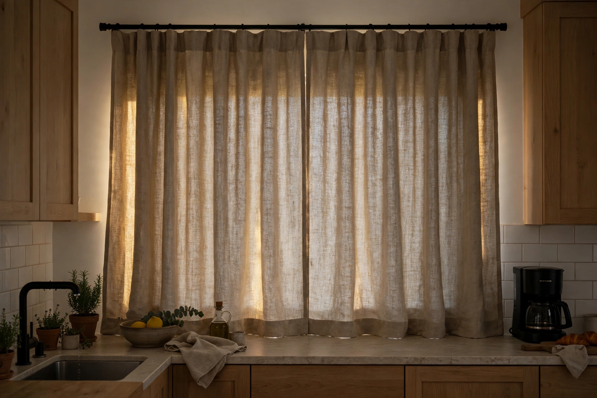 Kitchen curtains with hidden blackout liner blocking morning sunlight