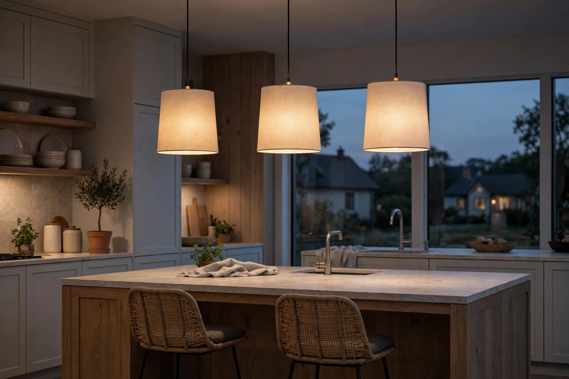 Dimmable kitchen pendant lights glowing softly over an island at dusk