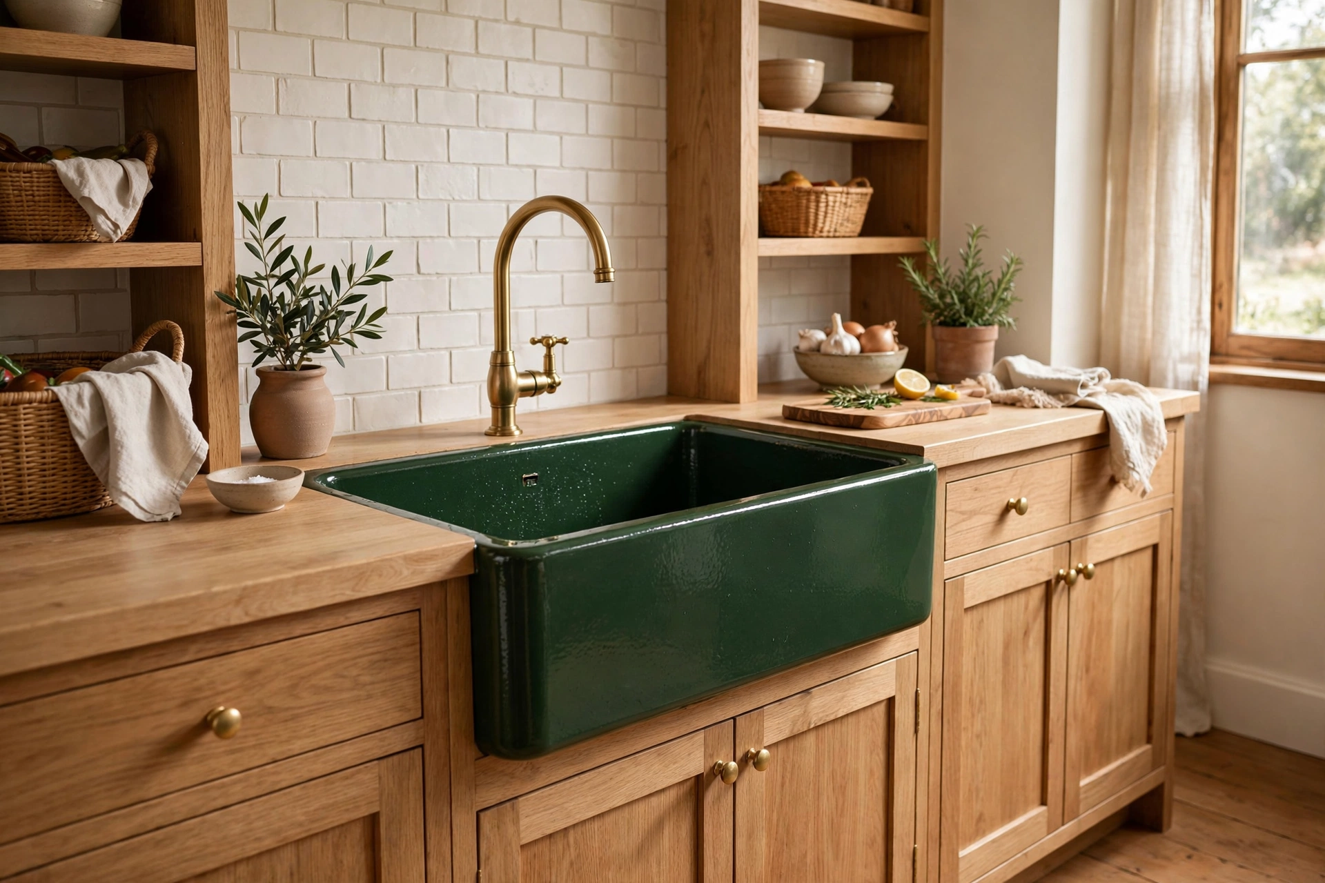Deep green enameled cast iron farmhouse sink as kitchen color accent