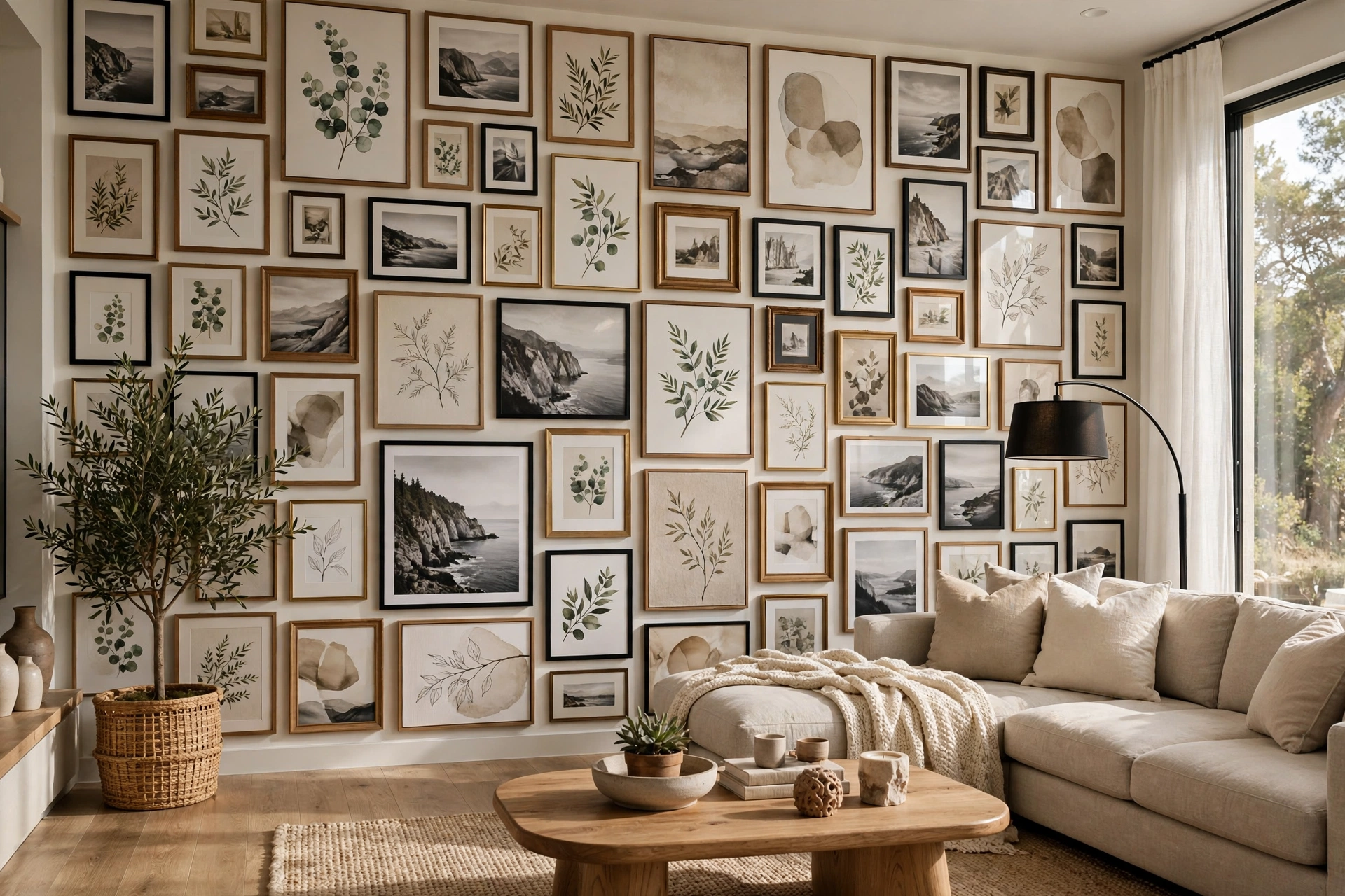 Floor to ceiling gallery wall covering large living room wall