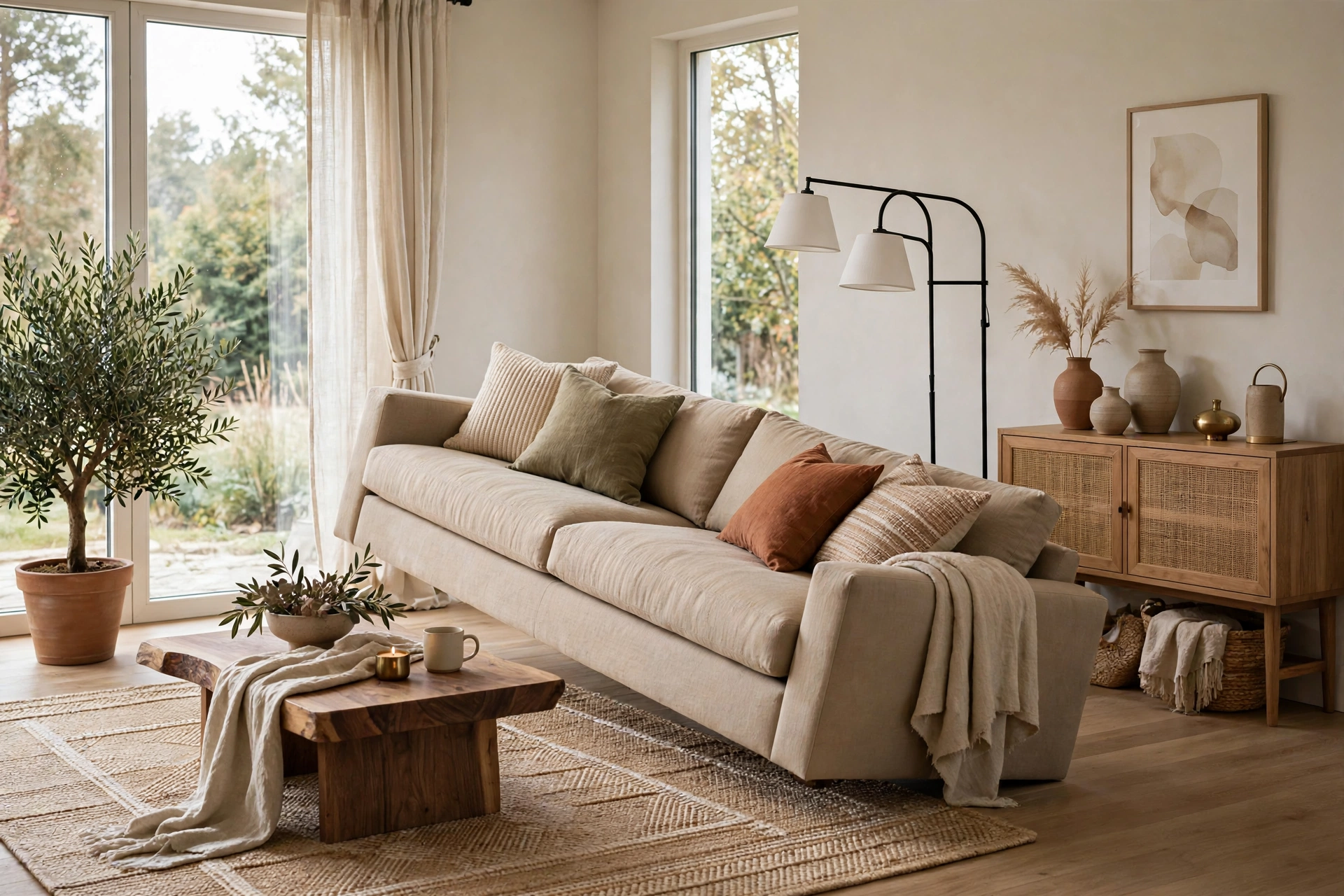 Living room layout with sofa angled diagonally across a corner