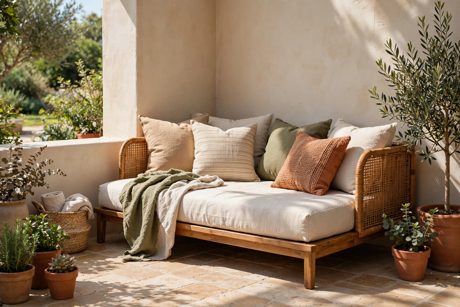 Outdoor daybed with pillows in sunny patio corner