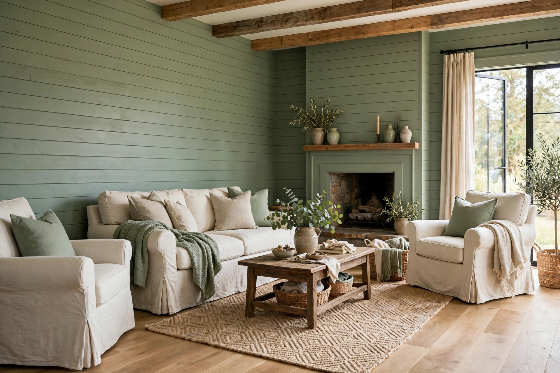 Farmhouse living room with sage green shiplap walls and slipcovered seating