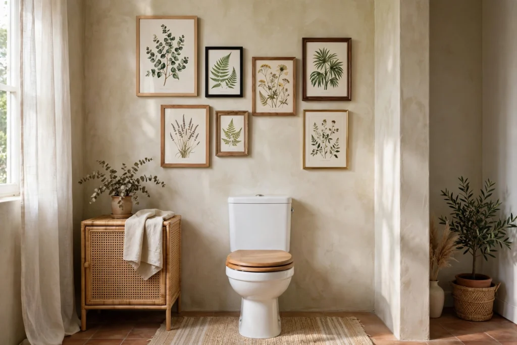 Eclectic gallery wall of botanical prints above a toilet in a boho bathroom