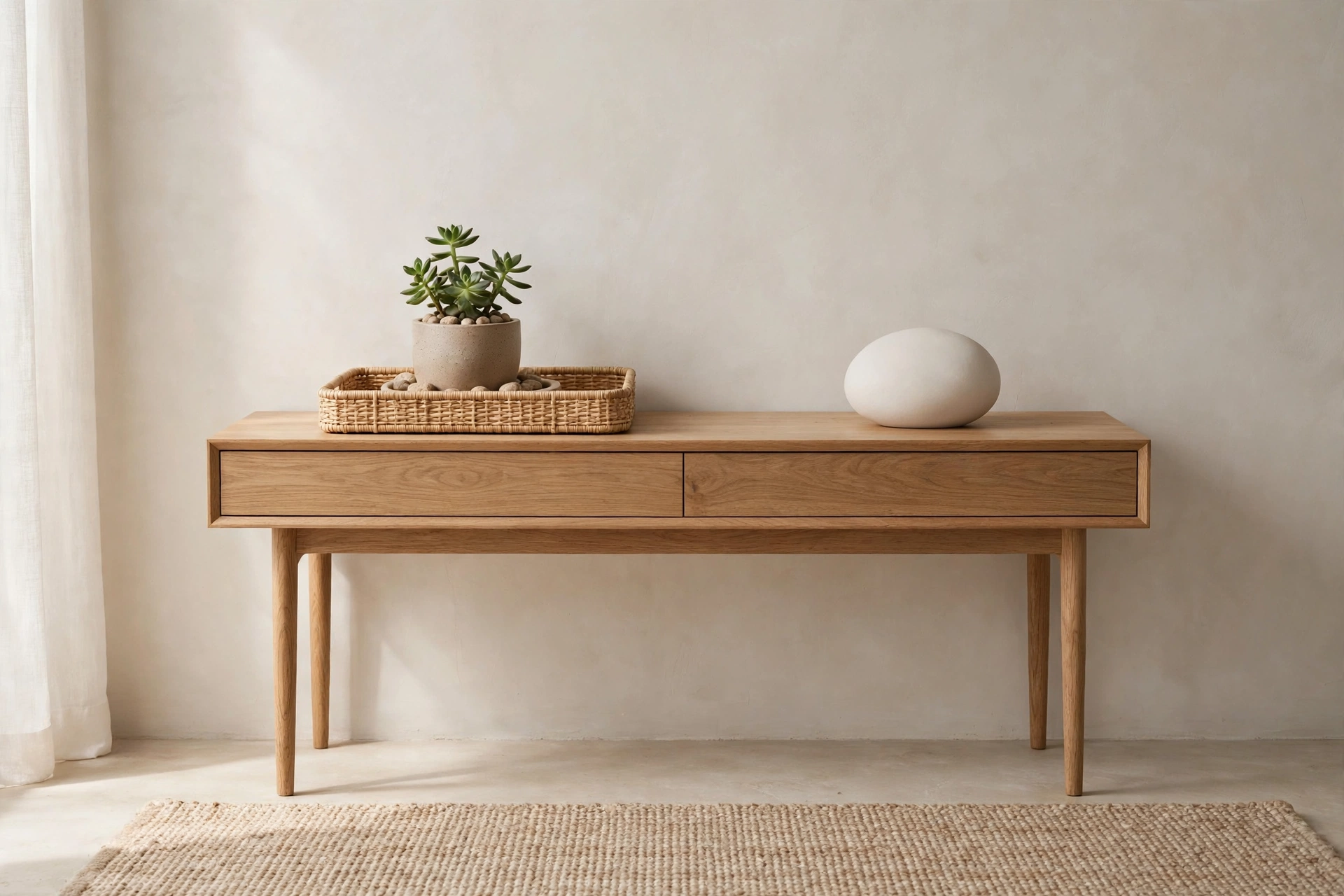 Minimally styled console with tray plant and single object