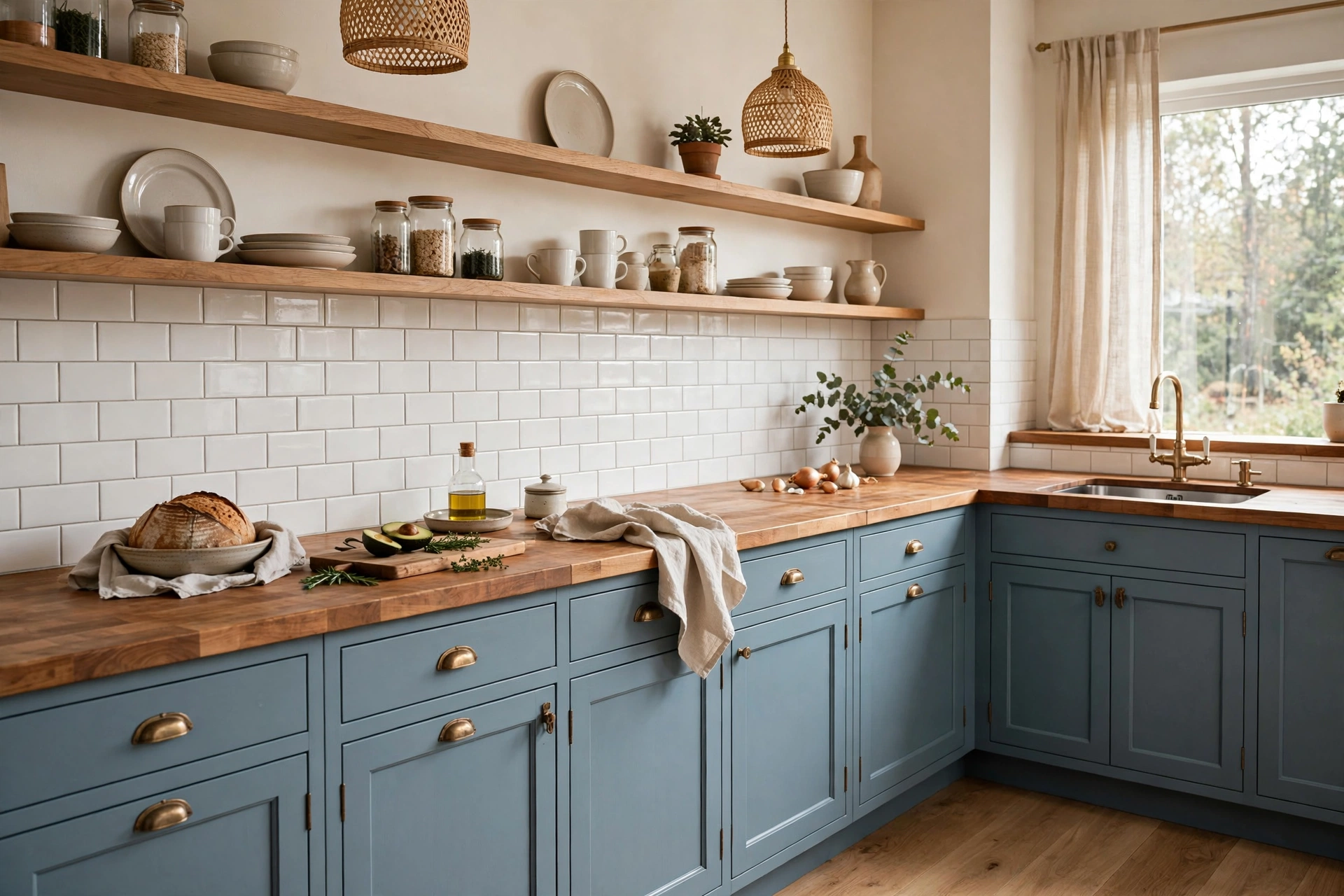 Dusty blue base cabinets with warm butcher block countertops
