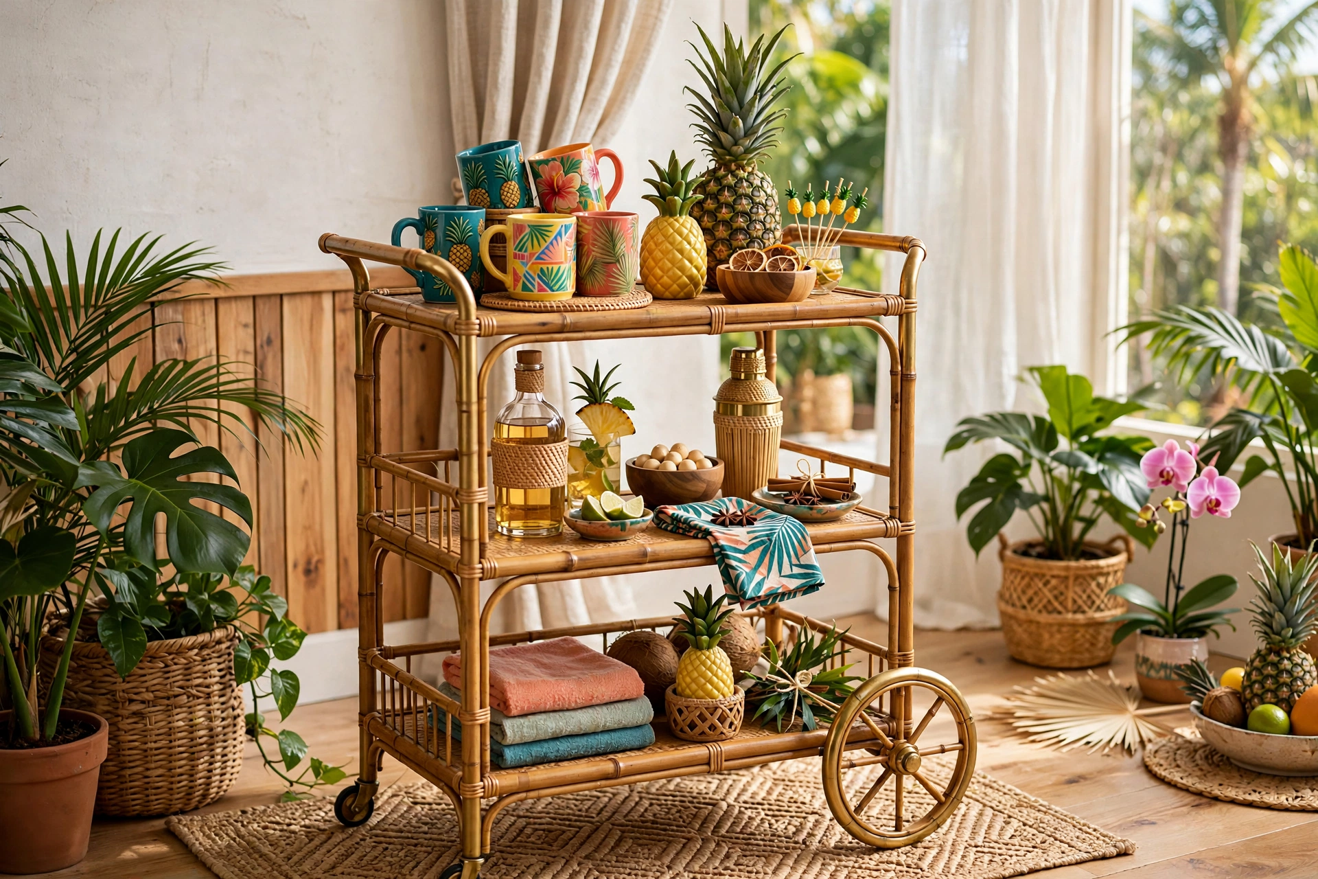 Tropical Tiki Bar Cart With Pineapple Decor And Colorful Mugs