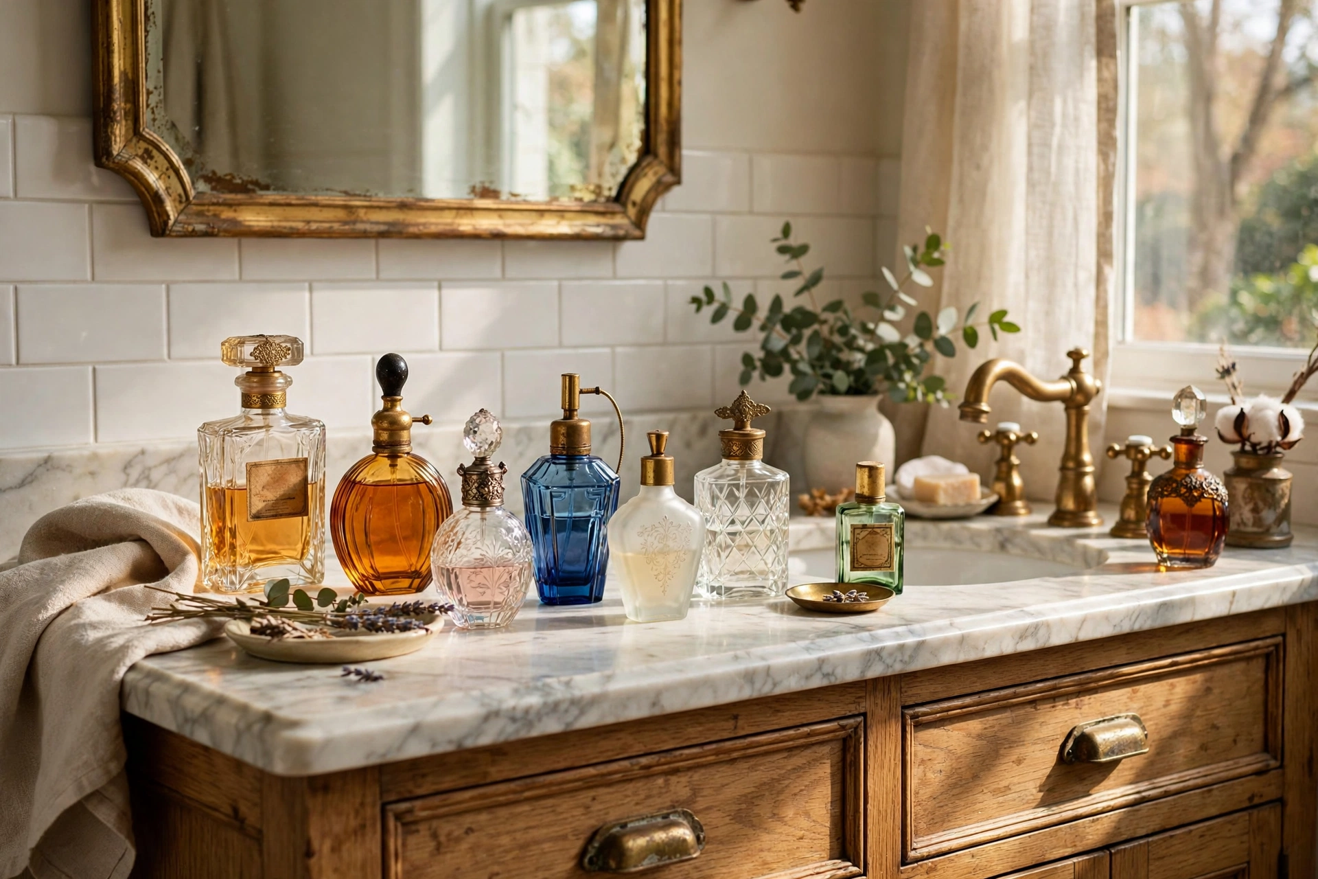 Vintage Perfume Bottles Decorating Bathroom Vanity