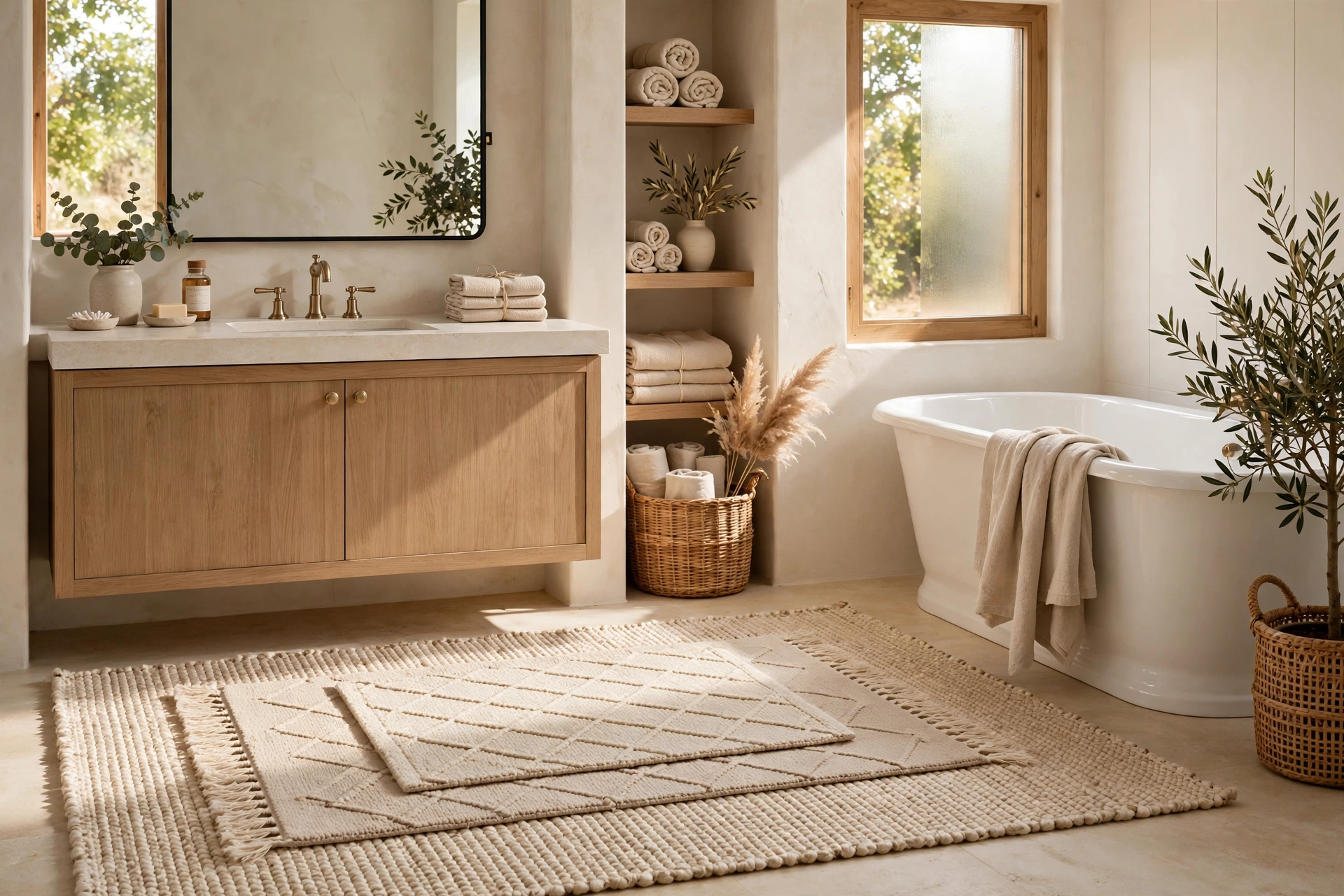 Layered Neutral Rugs In Cream And Beige For A Calm Bathroom