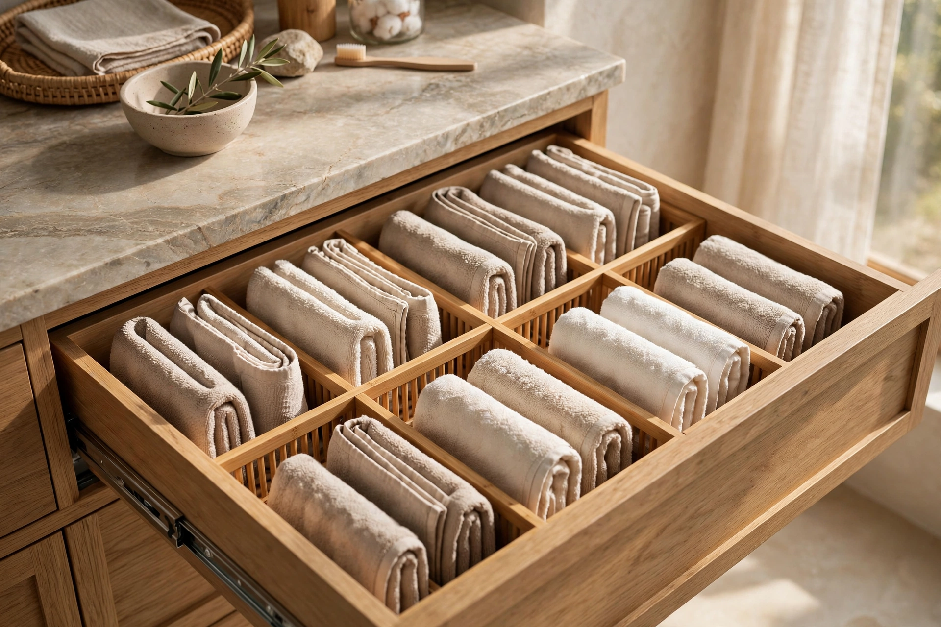 Open Vanity Drawer With File Folded Towels In Bamboo Dividers