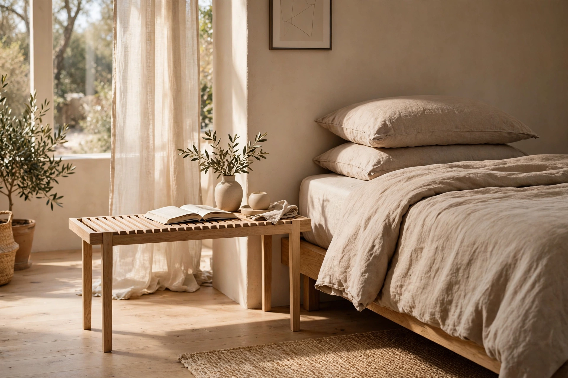 Narrow Backless Bench Used as Bedside Companion Next to Bed