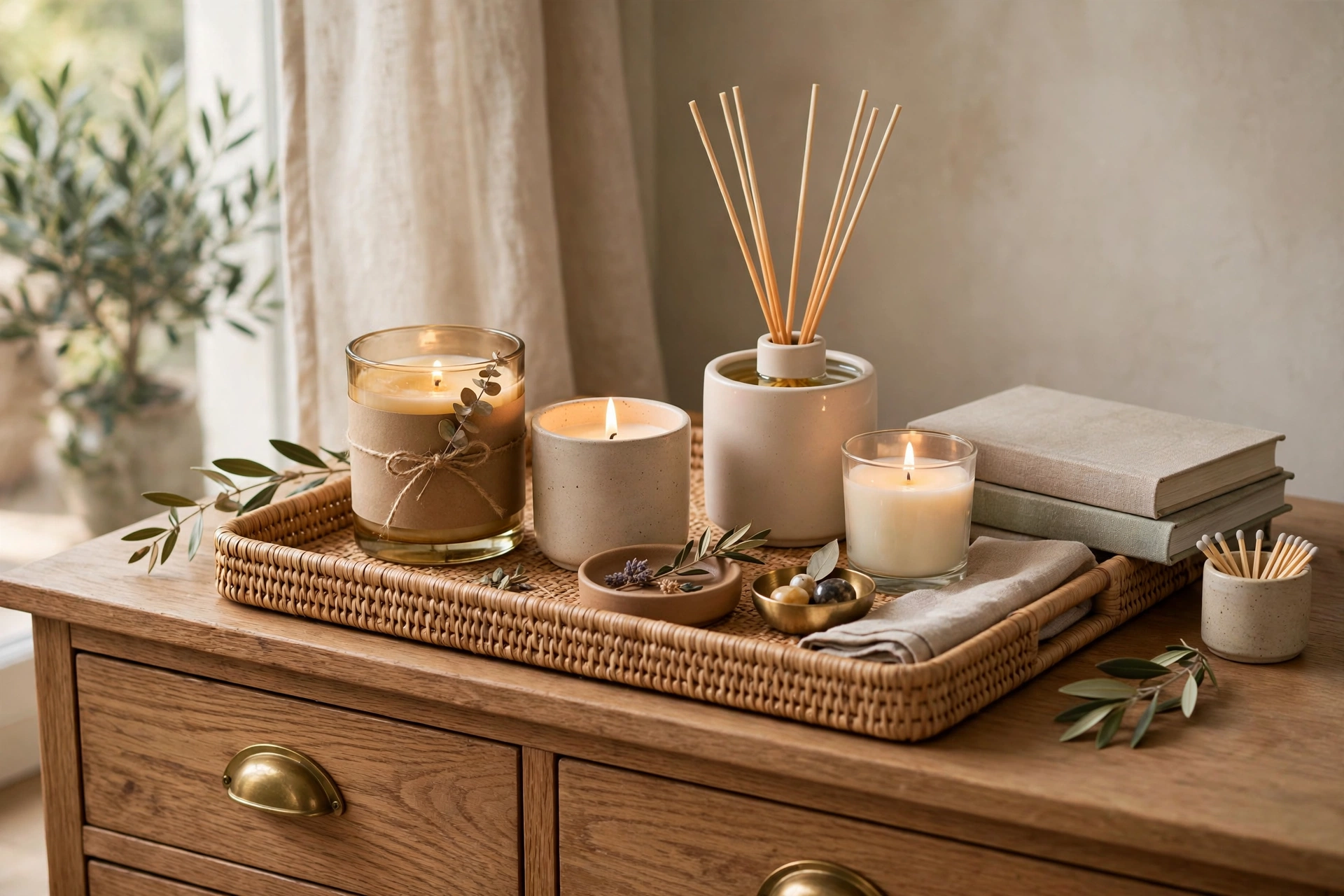 Scented Candles and Diffuser Styled on a Dresser Tray