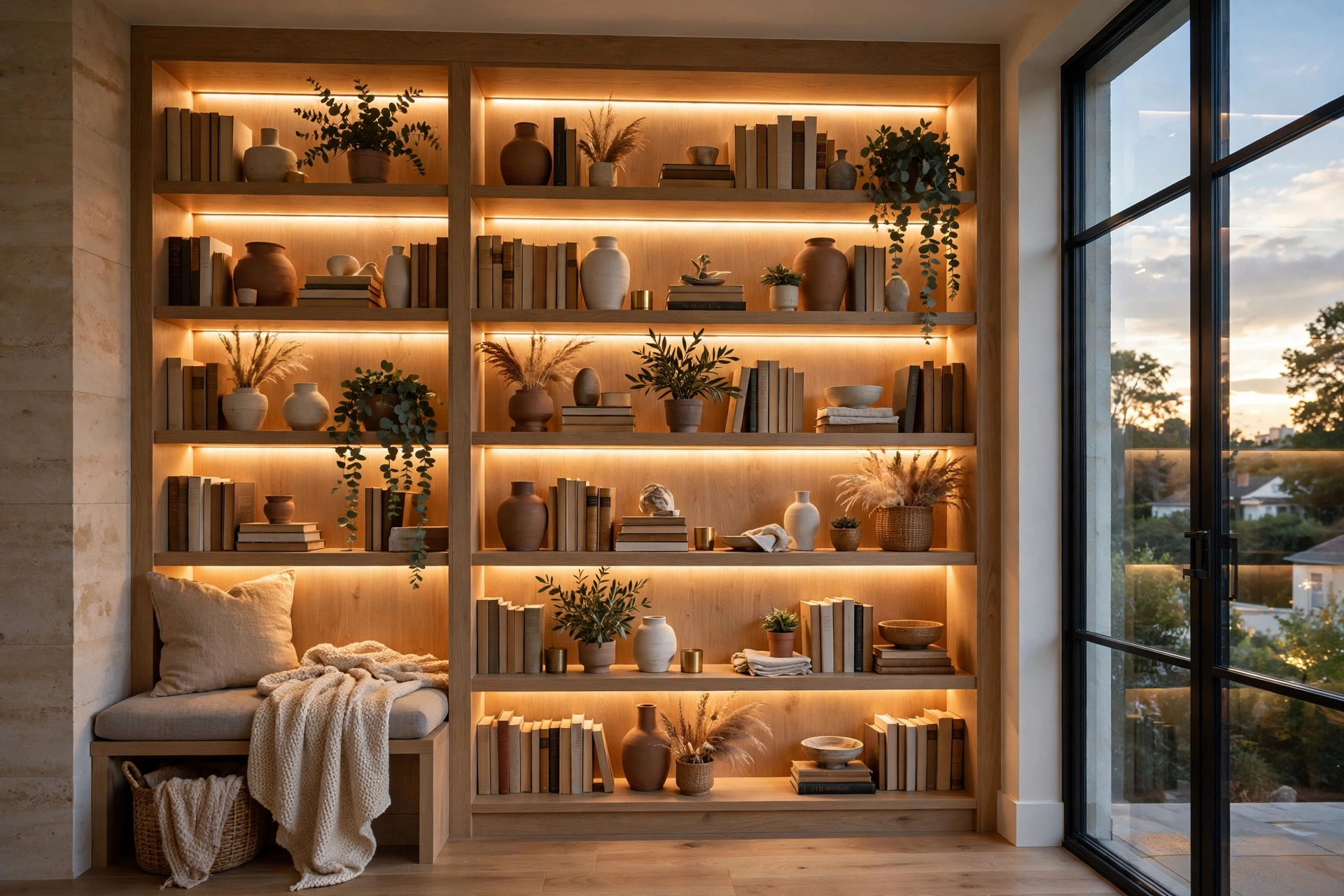 Warm LED Strip Lighting Illuminating A Styled Bookshelf At Night