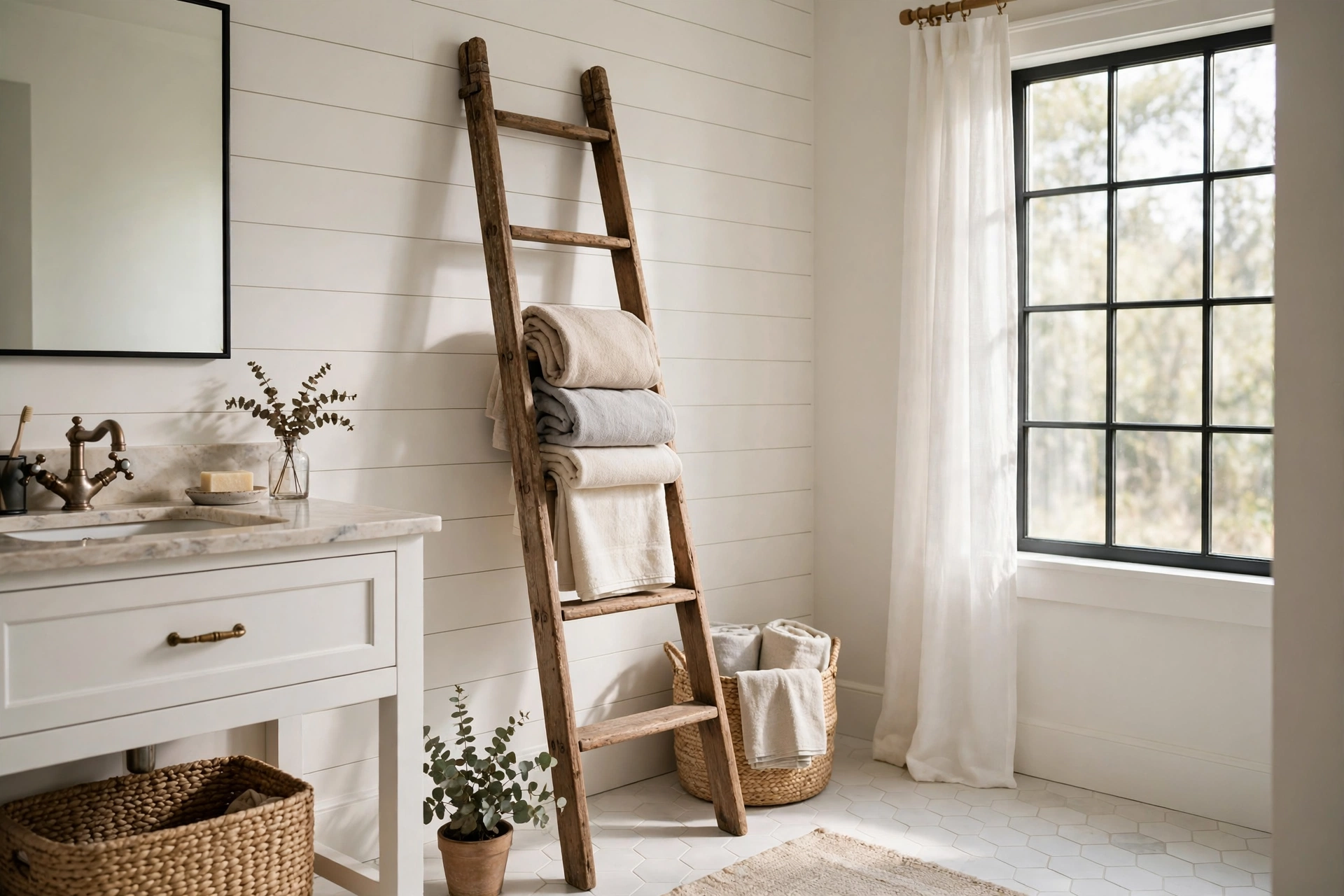 Vintage wooden ladder with folded towels leaning in a farmhouse bathroom