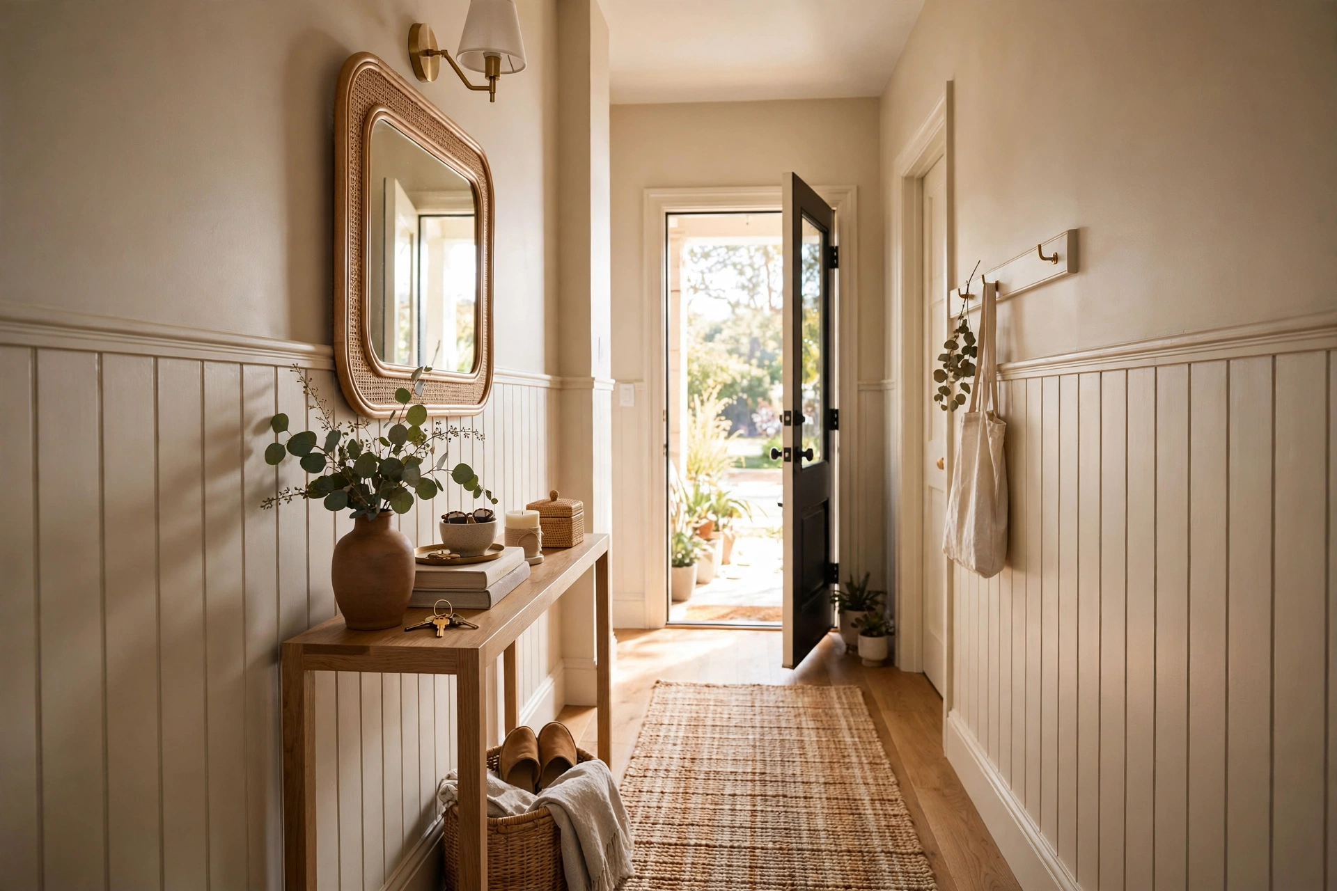 Slim Console Table Styled In A Narrow Hallway Entryway