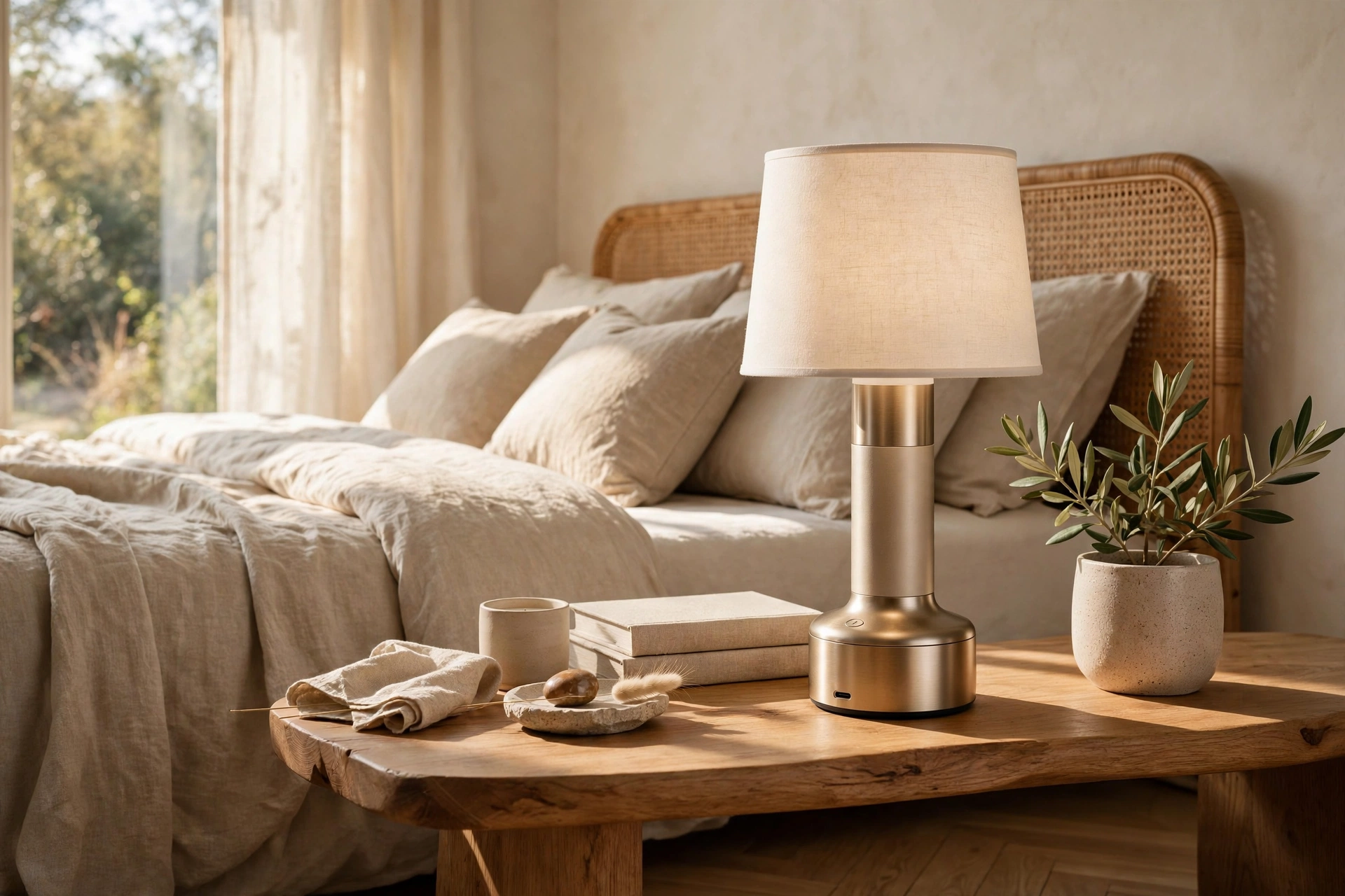 Rechargeable Cordless Lamp On Bedside Table