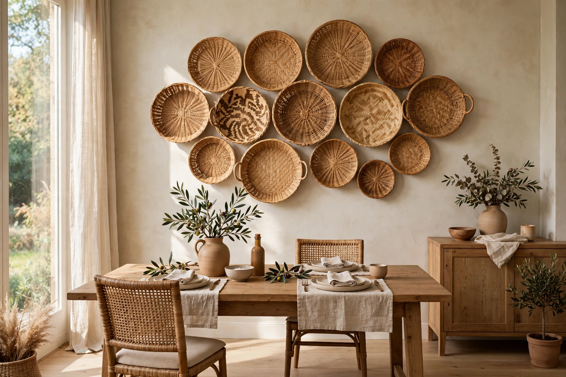 Woven Basket Wall Art Arrangement in a Cozy Dining Room