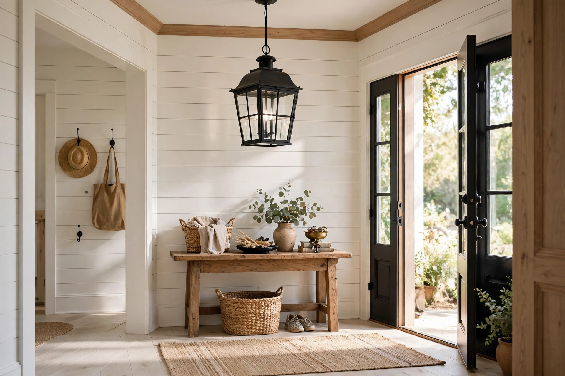Black Lantern Pendant Light in a Farmhouse Entryway