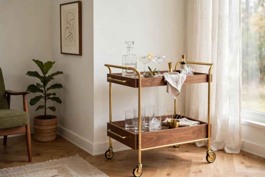 Brass and walnut bar cart with glassware styled in a mid-century living room corner