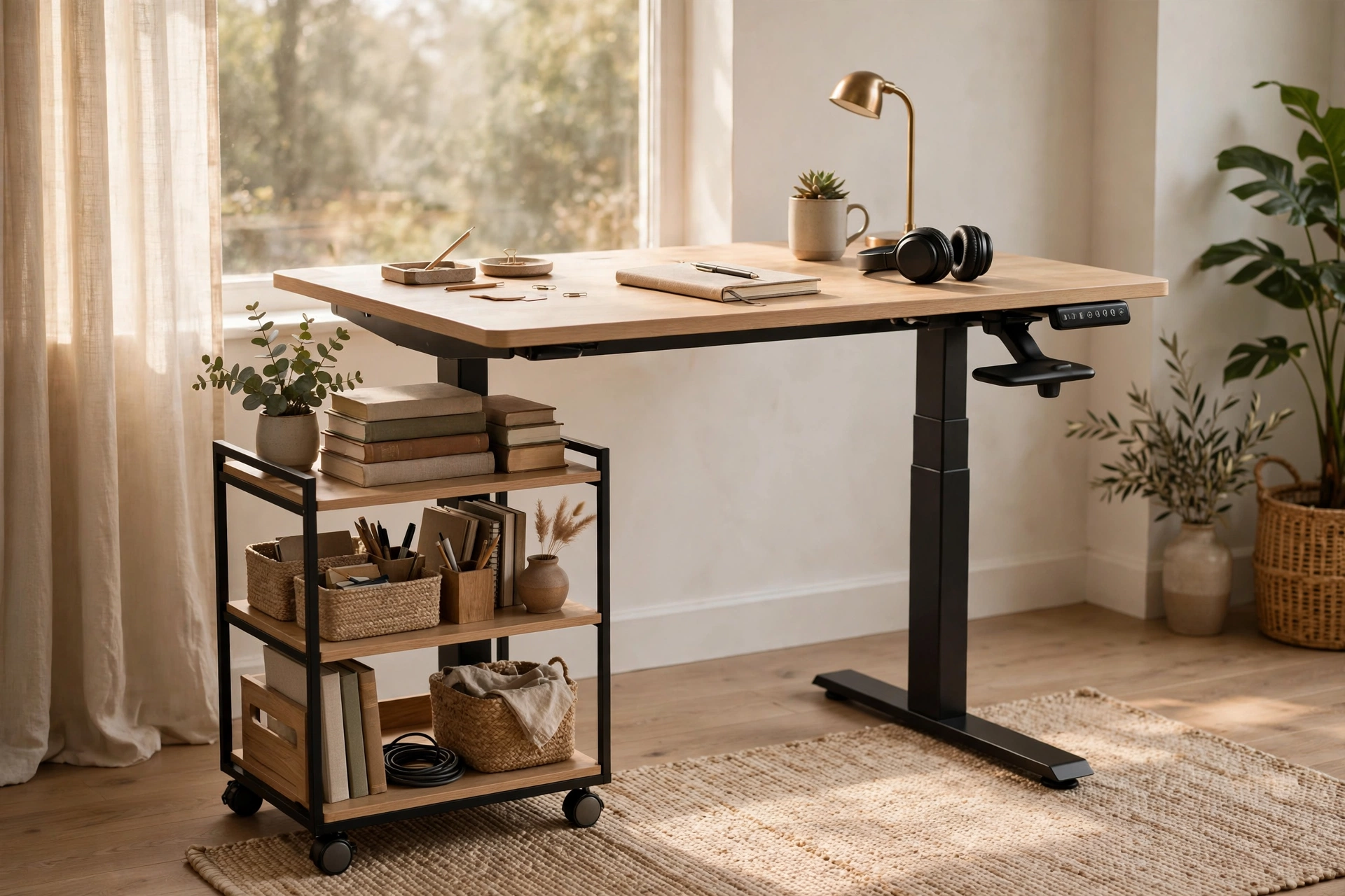Rolling Side Shelving Unit Tucked Under A Standing Desk