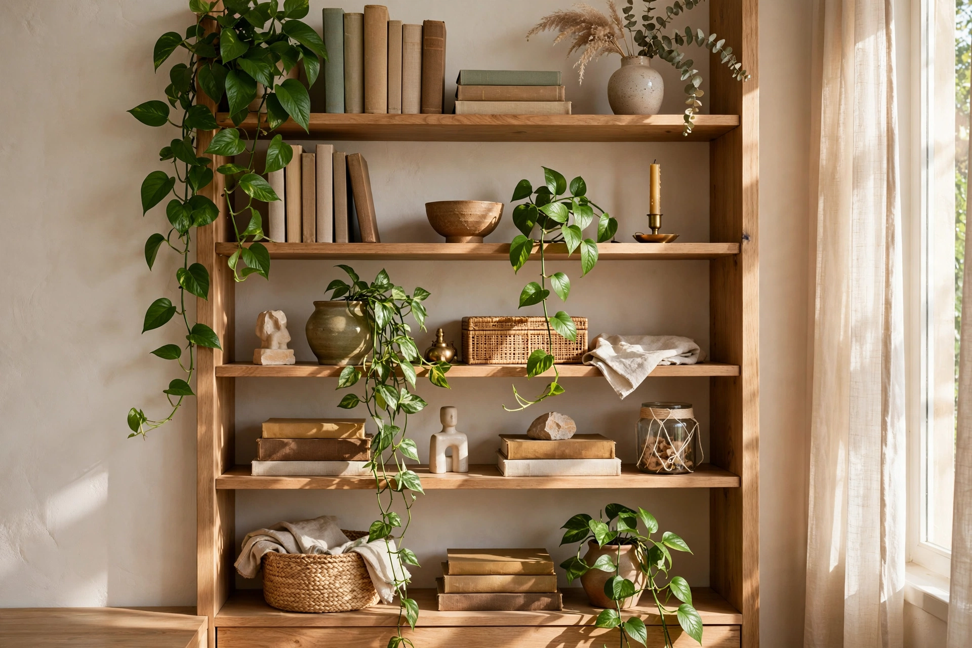 Bookshelf Styled With Trailing Pothos Ferns And Decorative Objects