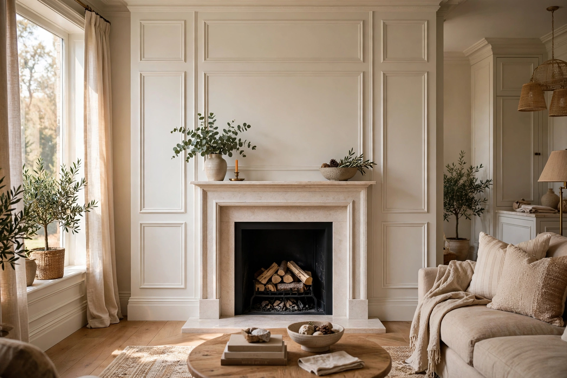 Panel Molding Framing A Fireplace In An Elegant Living Room